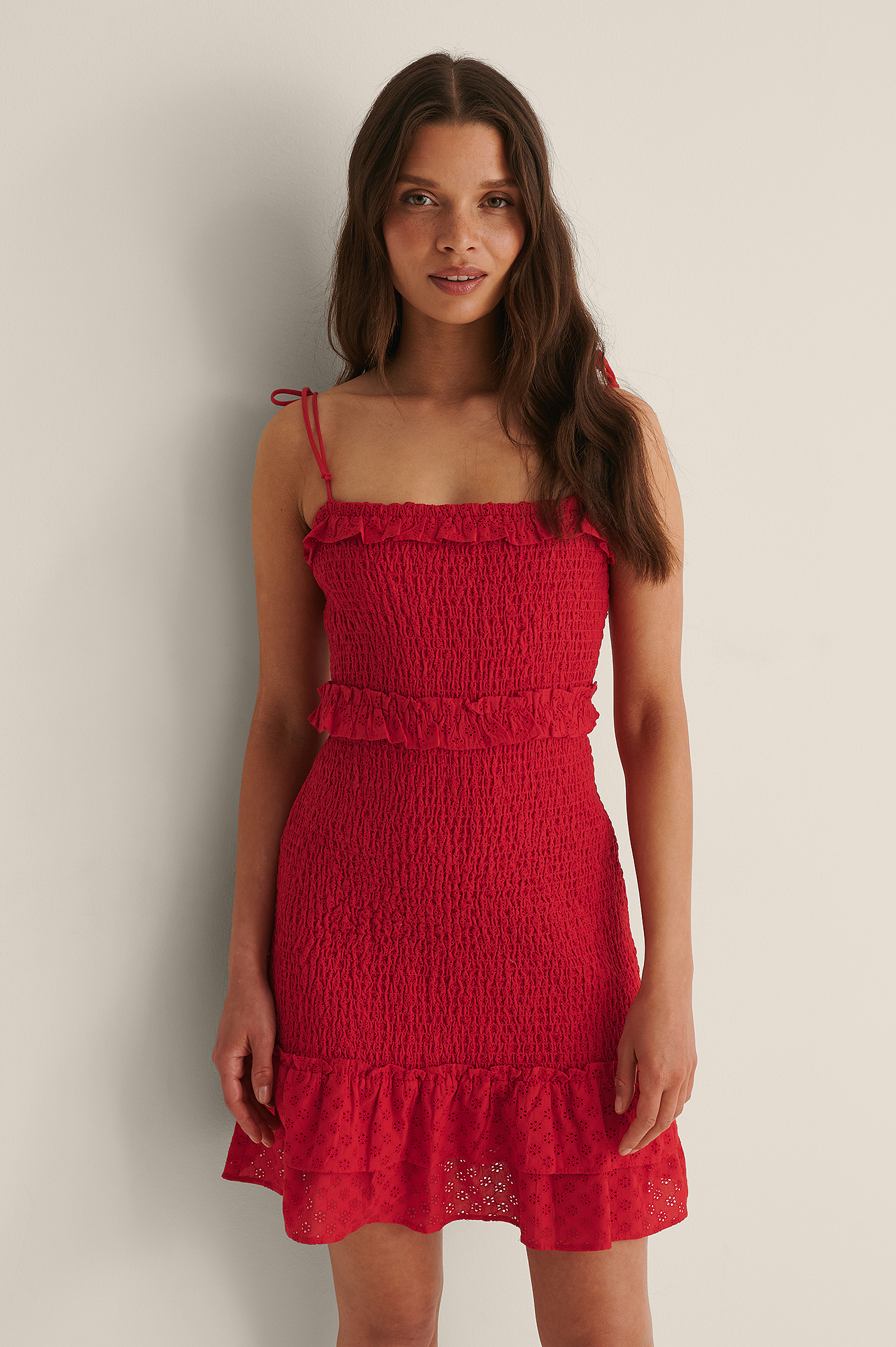Red Organic Smocked Anglaise Mini Dress