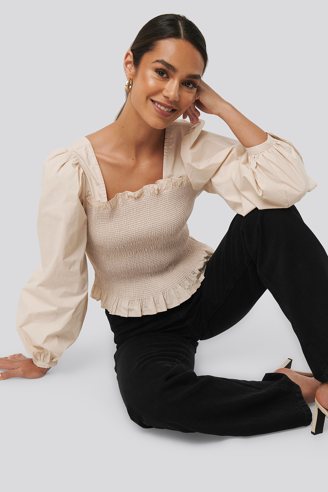 Smocked Balloon Sleeve Blouse Beige