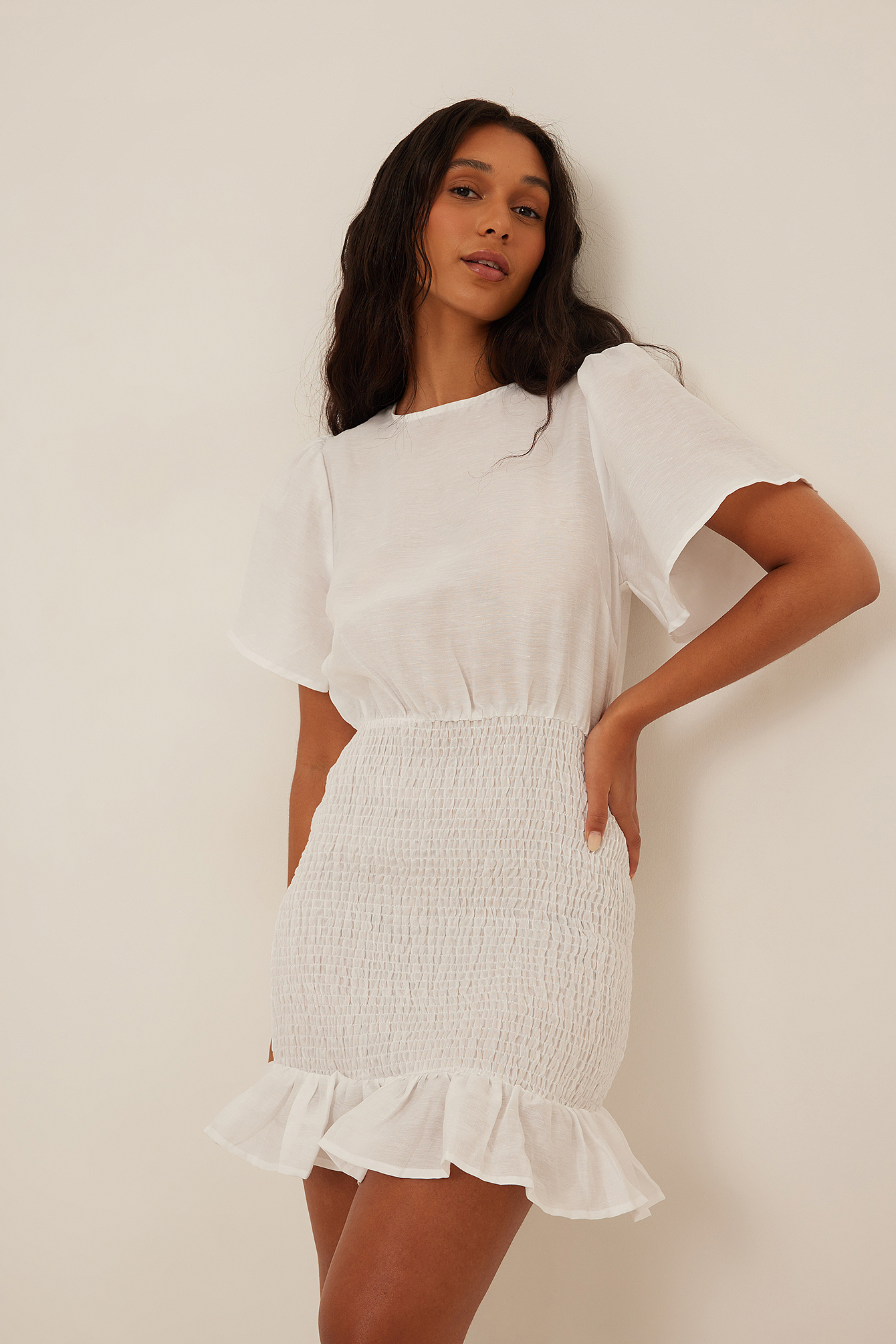 White Smocked Body Linen Mini Dress