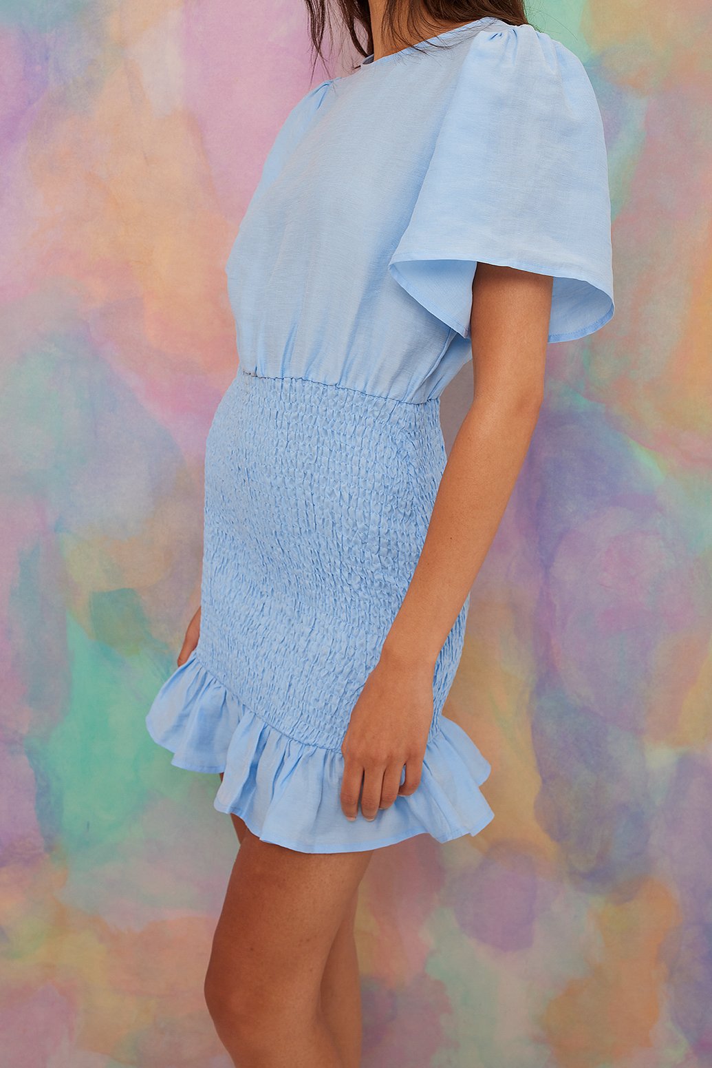 Blue Smocked Body Linen Mini Dress