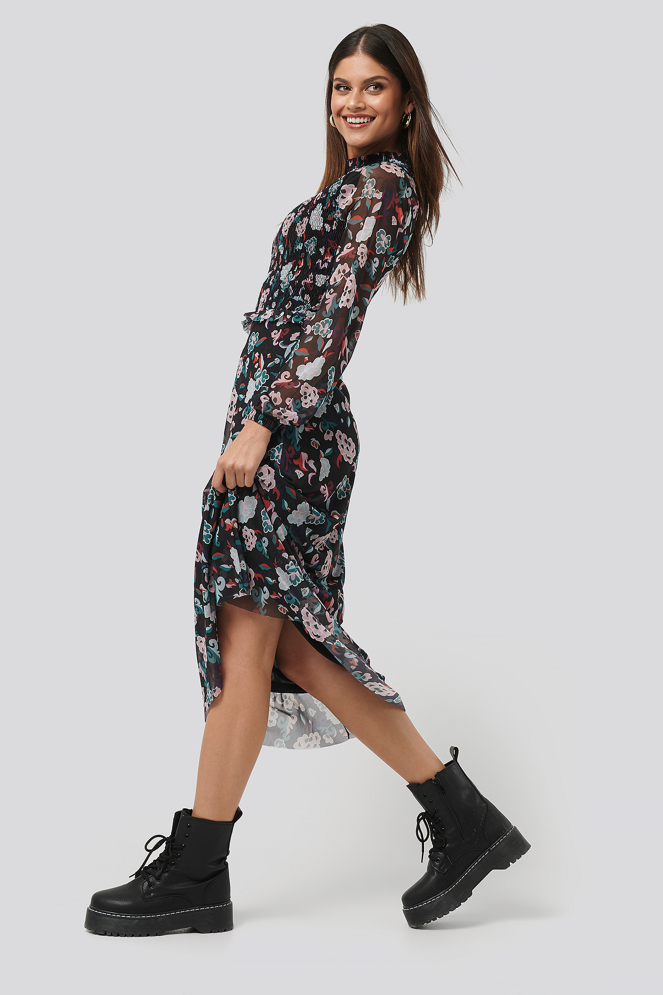 Smocked Detail Mesh Dress Black/Flower Print