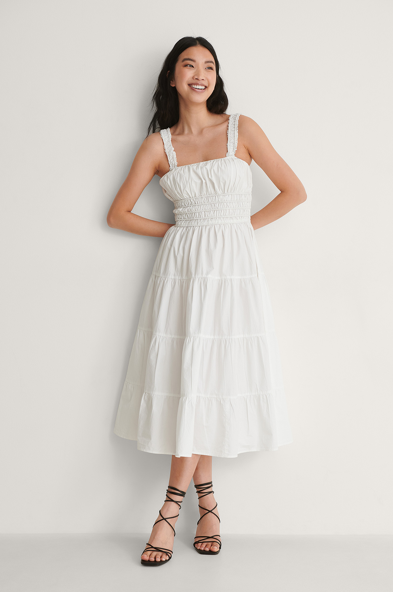 White Smocked Detail Midi Dress