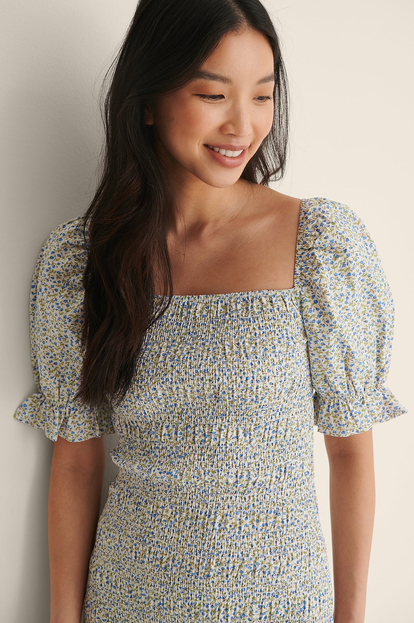 Organic Smocked Frill Mini Dress Blue 