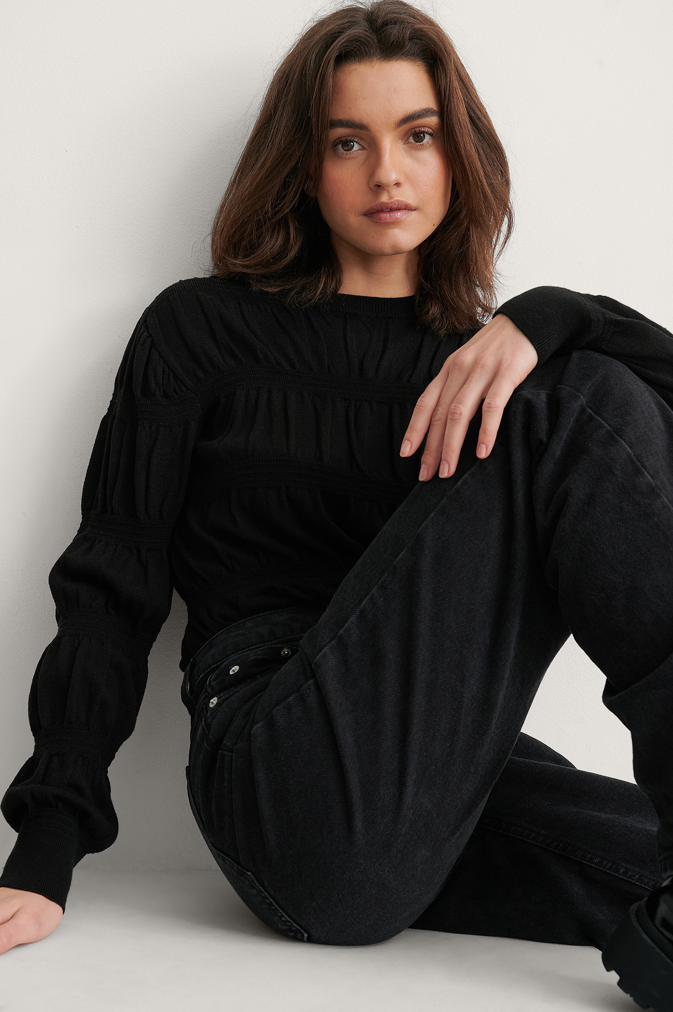 Smocked Knitted Sweater Black na kd com