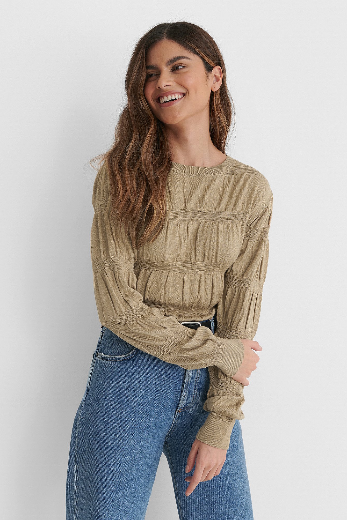 Beige Smocked Knitted Sweater