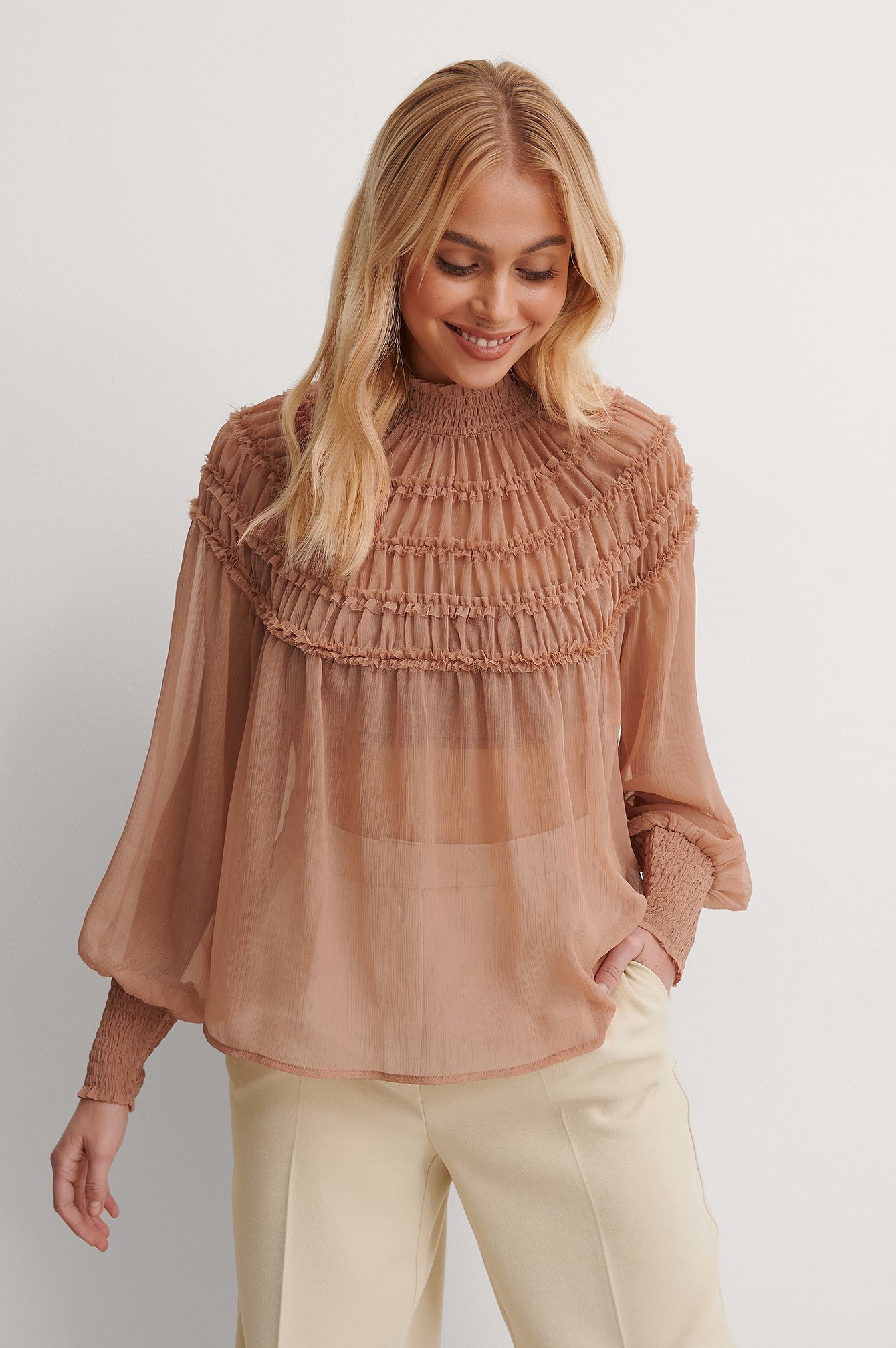 Dusty Pink Smocked Neck Blouse
