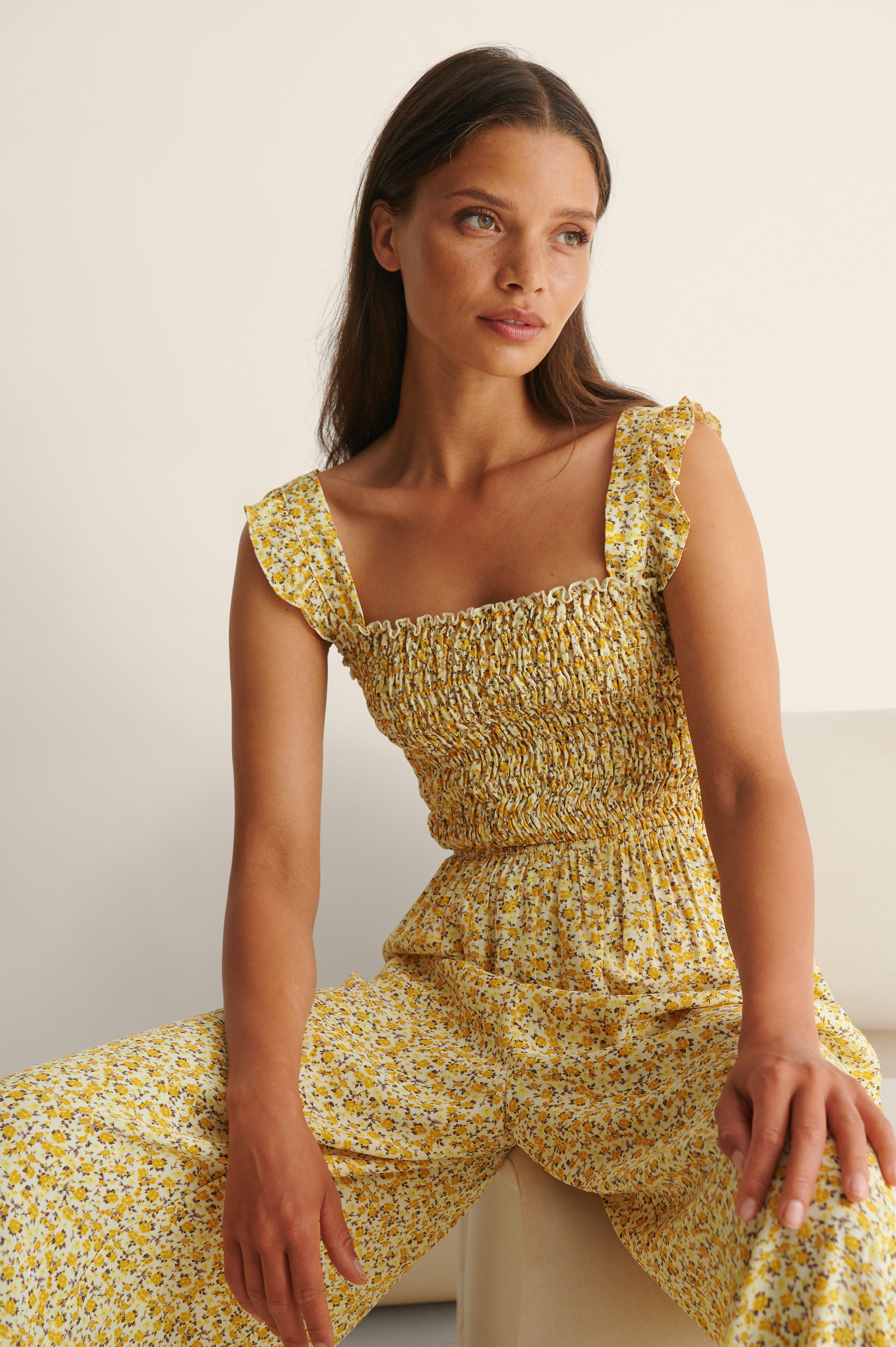 Yellow Roses Smocked Printed Jumpsuit