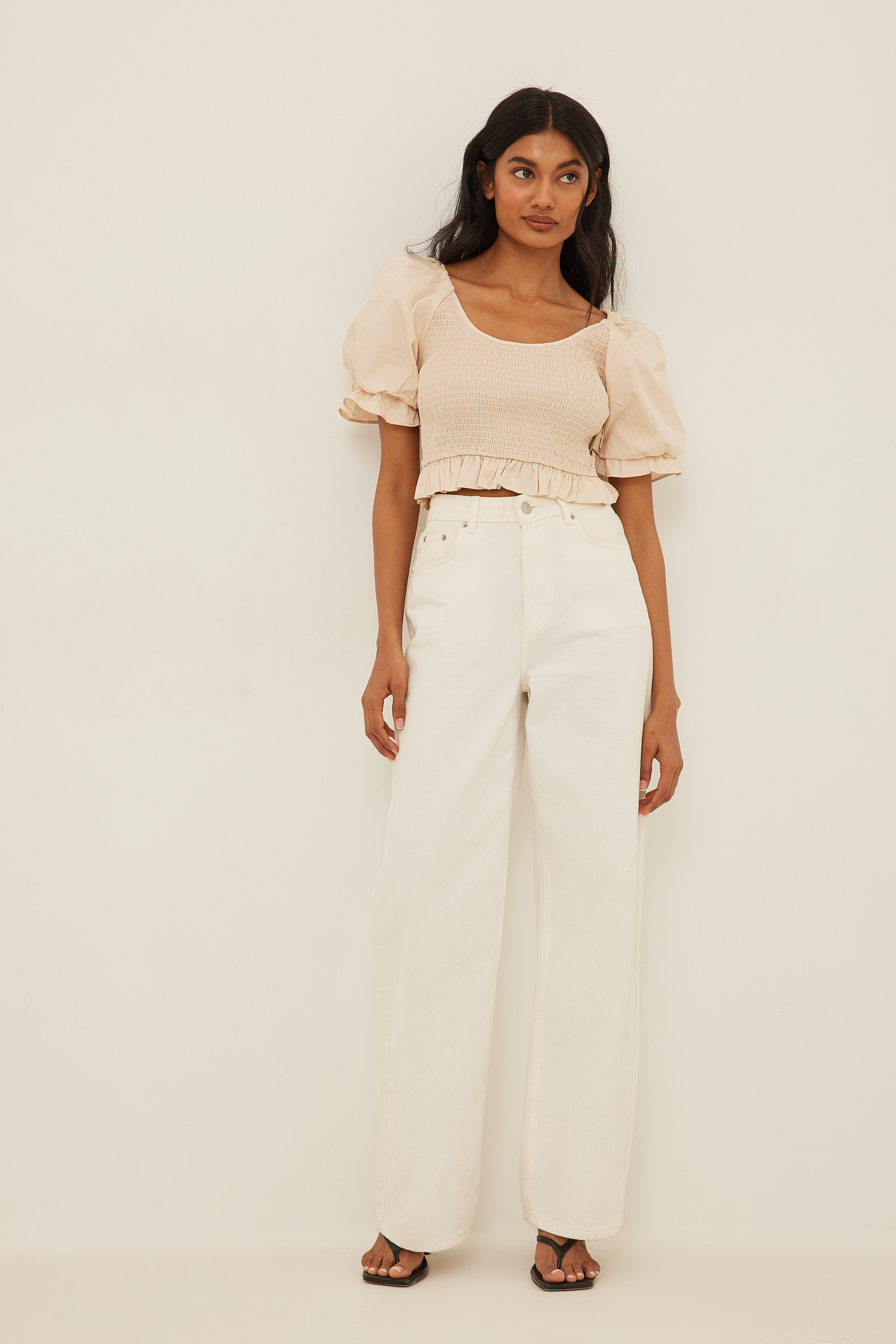 Organic Smocked Puff Sleeve Top Beige 