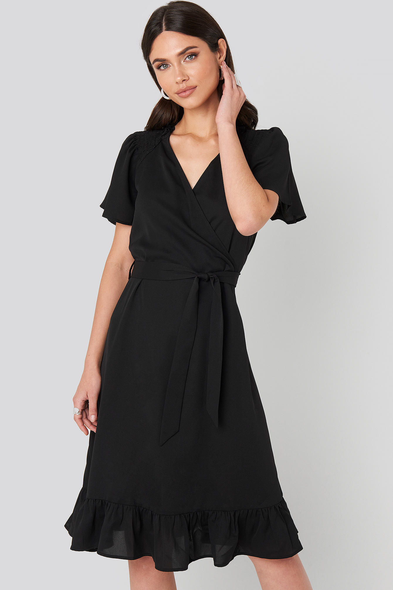 Smocked Shoulder Belted Frill Dress Black
