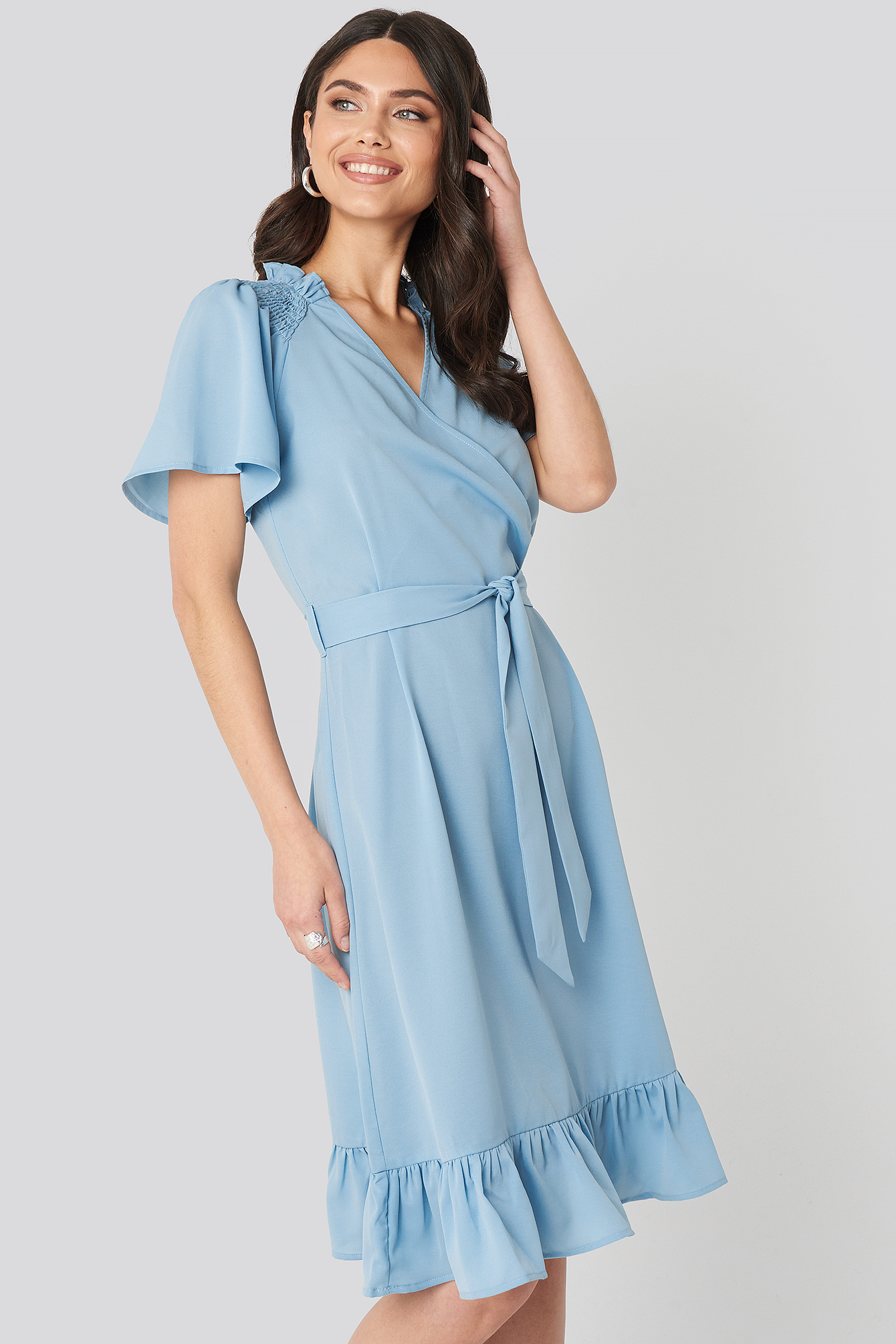 Smocked Shoulder Belted Frill Dress Light Blue