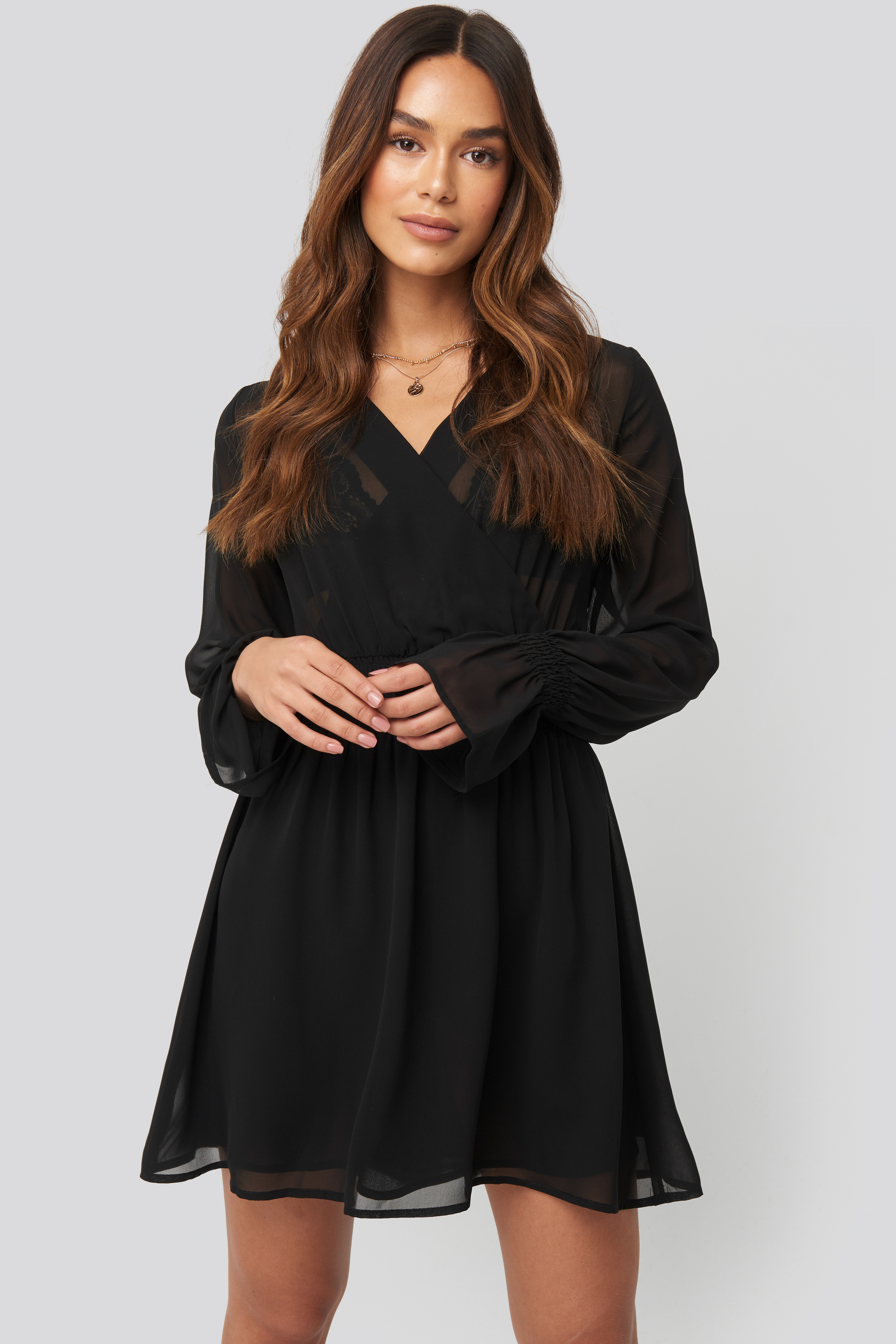 Smocked V-Neck Mini Dress Black