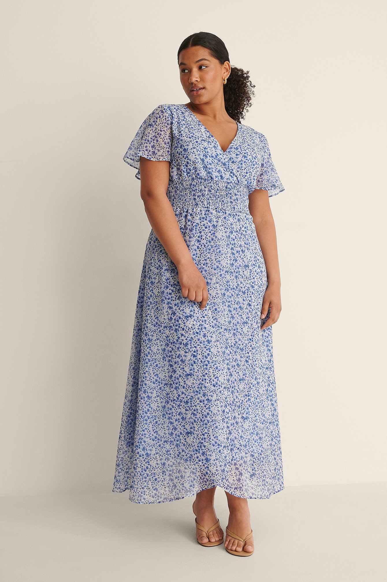 Blue Flower Print Maxi Sheer Smocked Dress