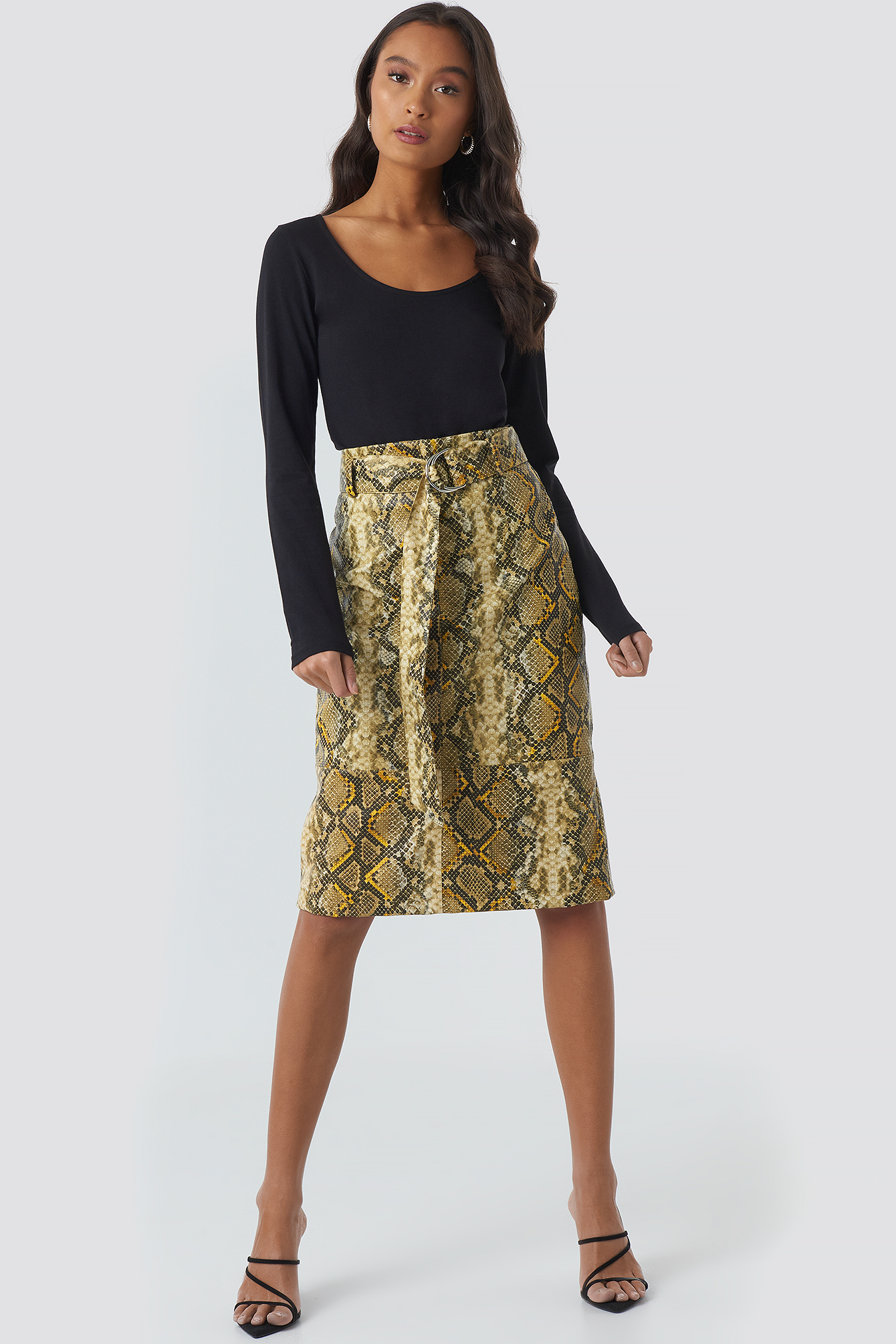 Snake Printed Belted PU Skirt Snake Print