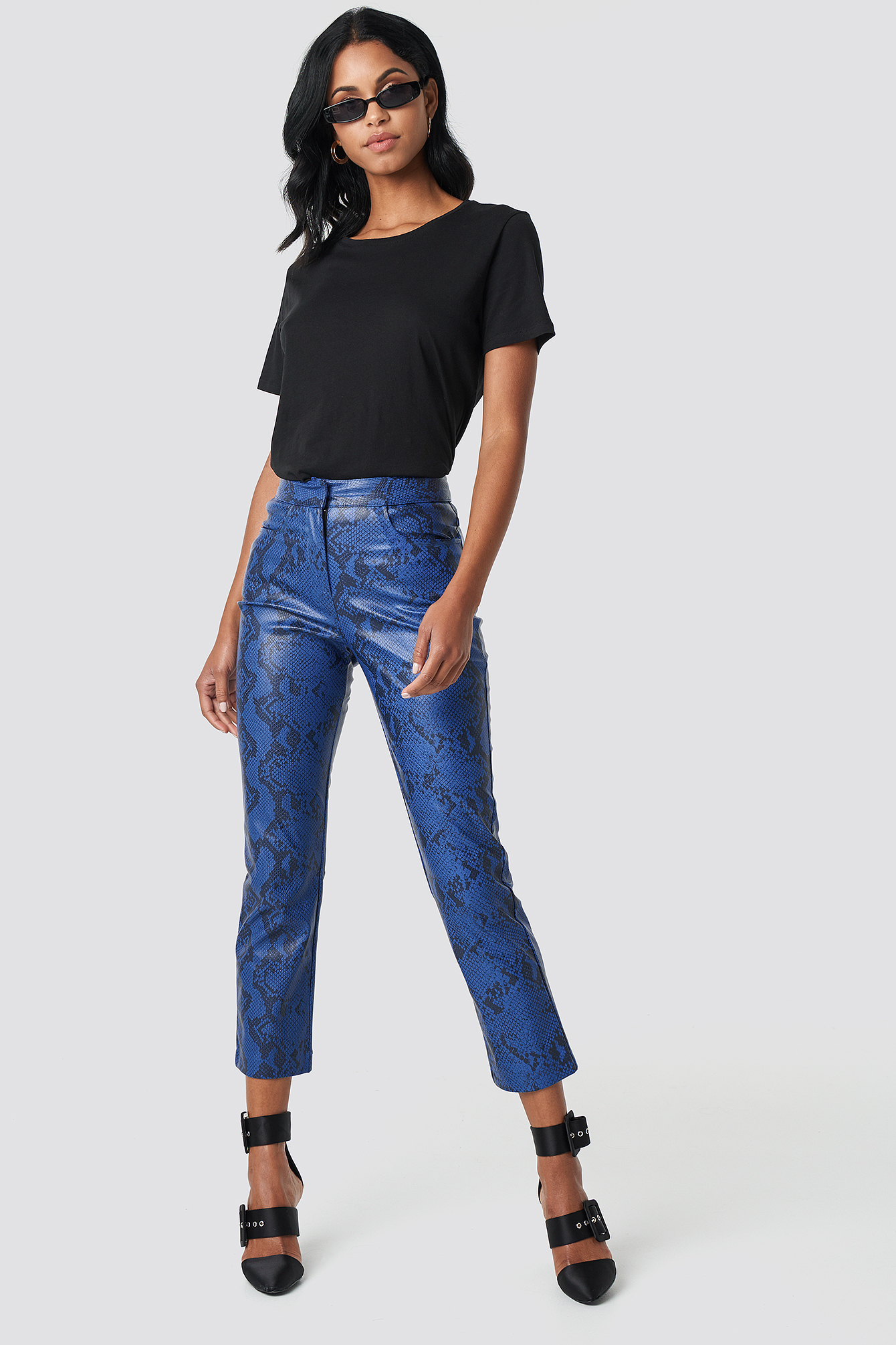 Snake Printed PU Pants Blue