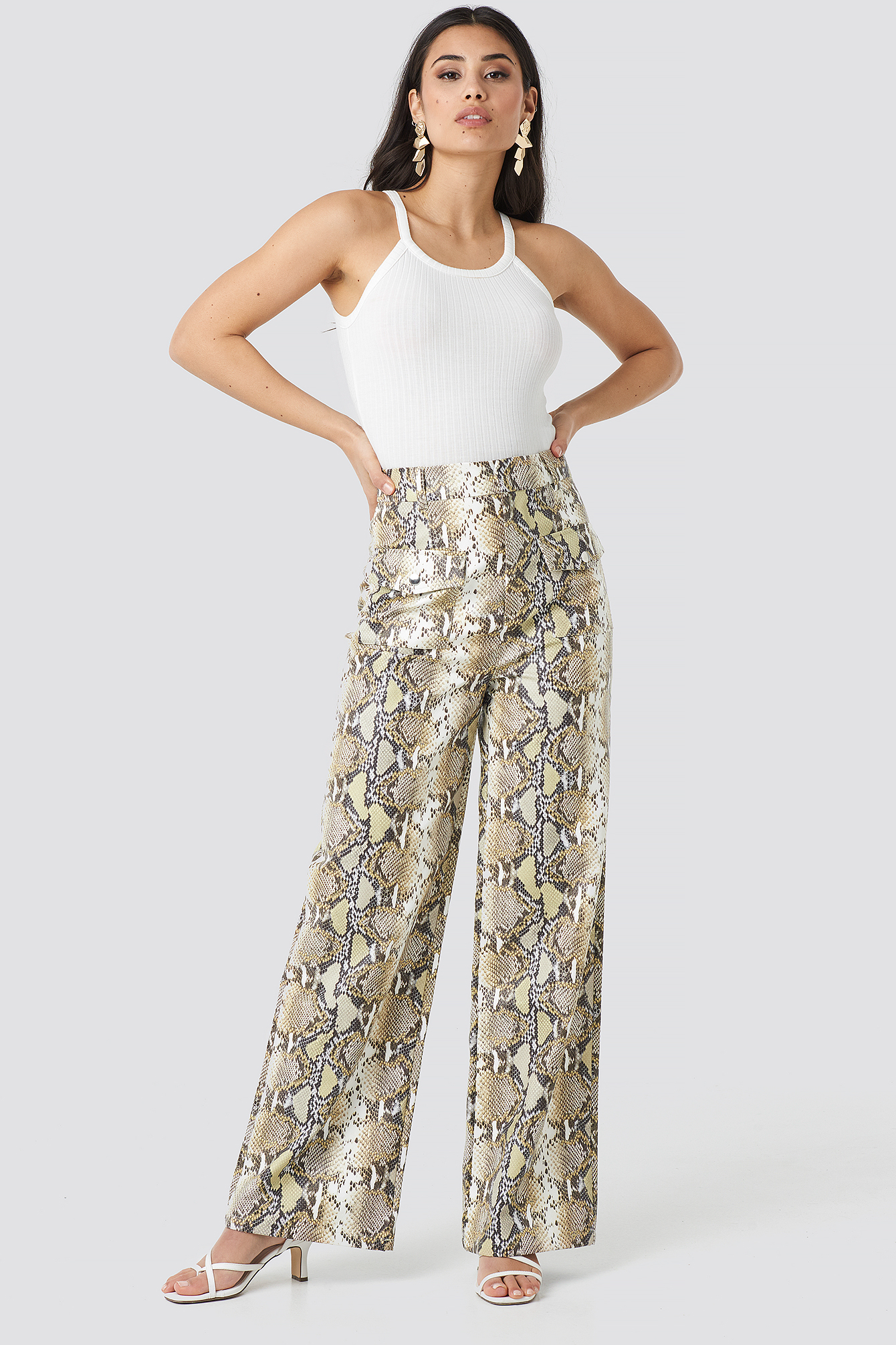 Snake Printed Pu Pants Beige
