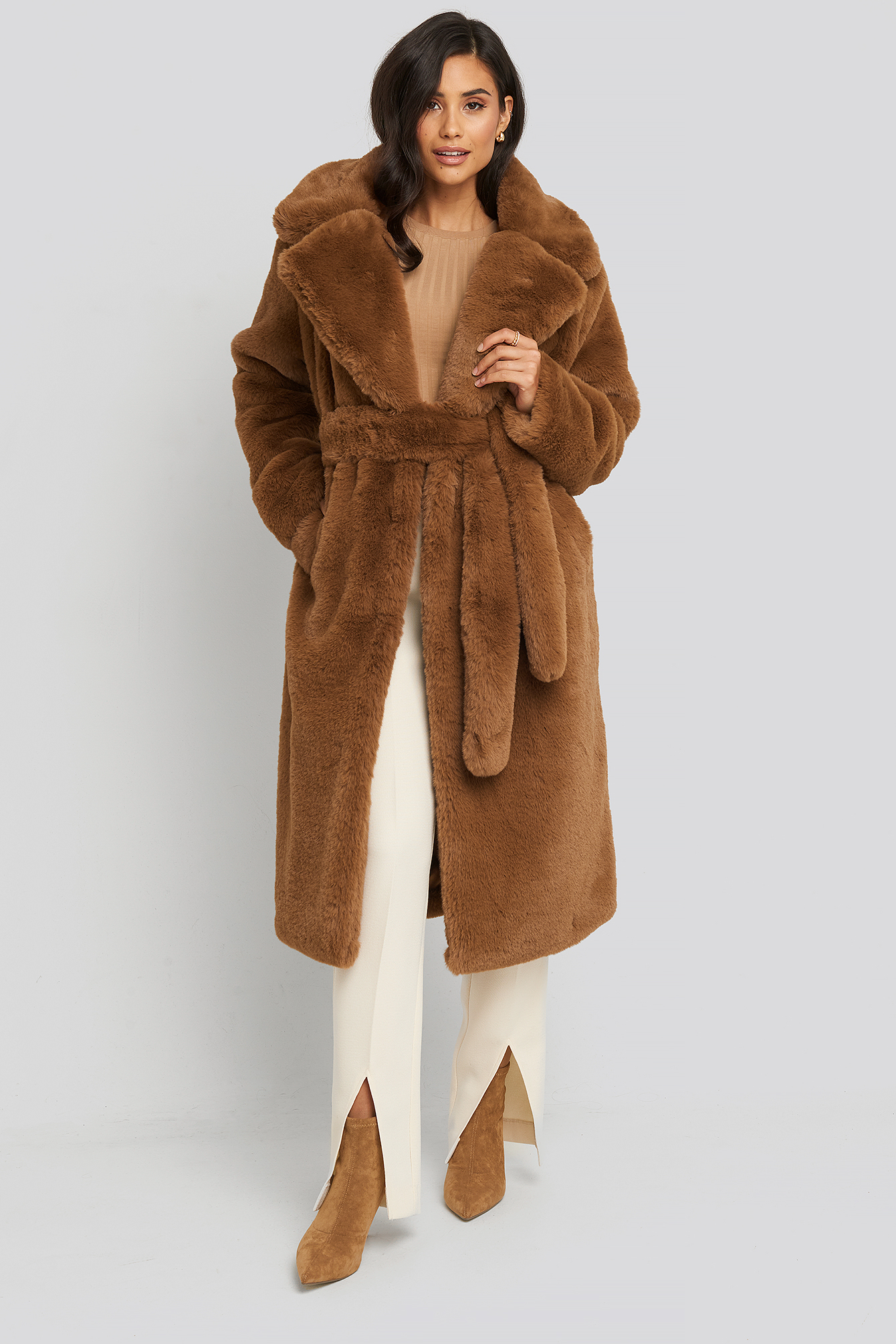 Soft Faux Fur Long Coat Brown