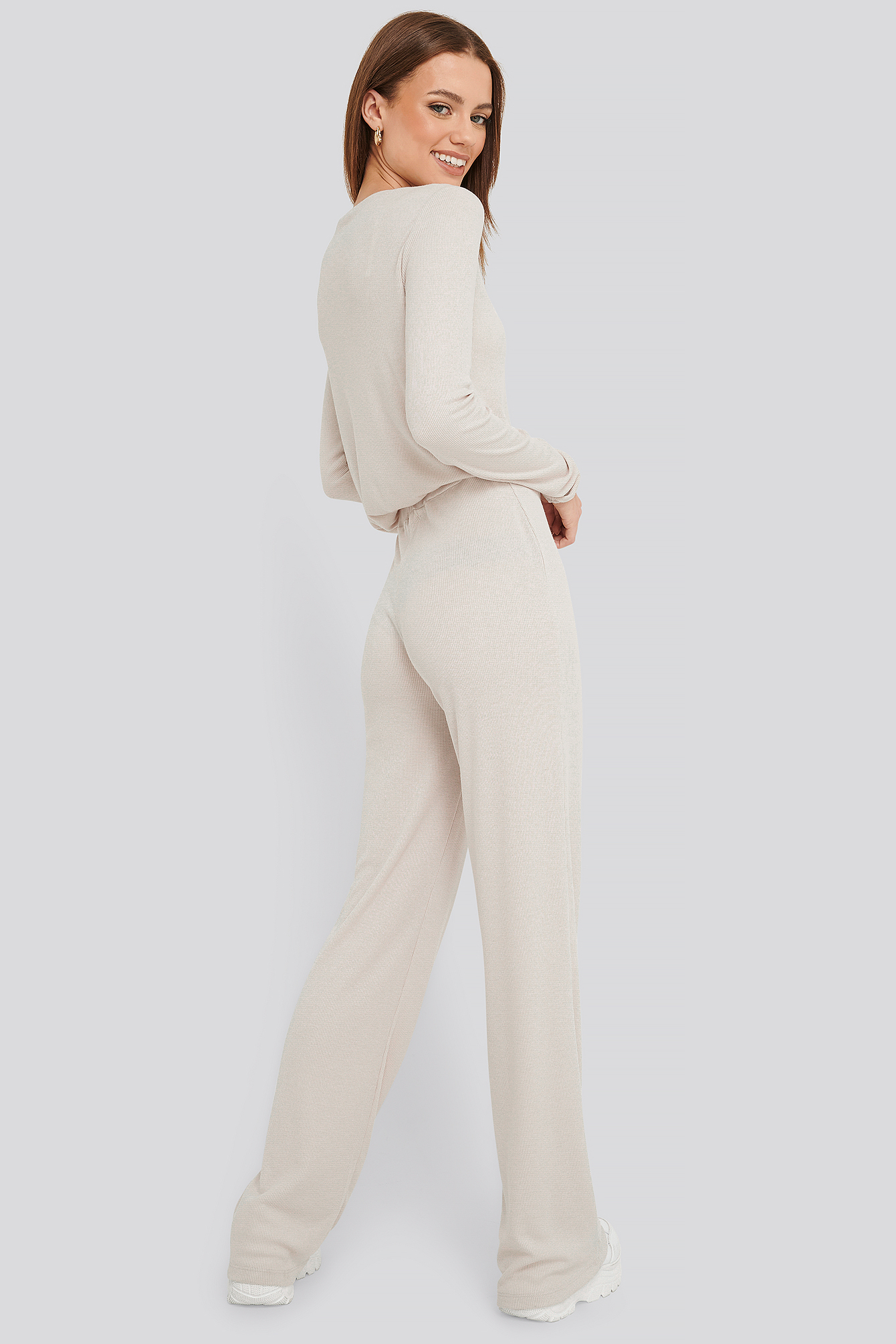 Soft Ribbed Wide Basic Pants Dusty Light Beige