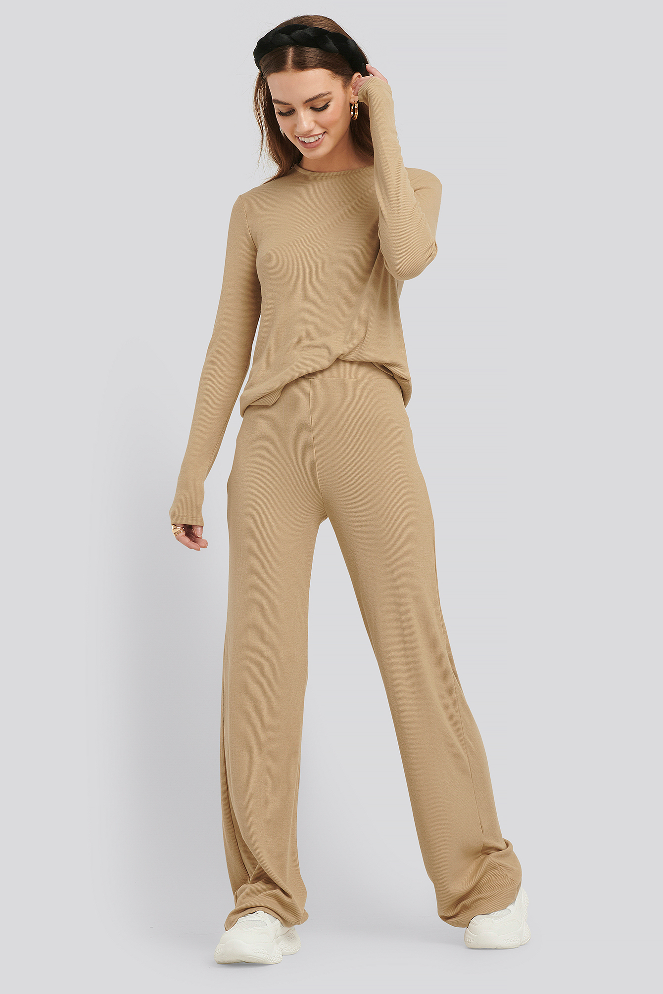 Soft Ribbed Wide Basic Pants Beige