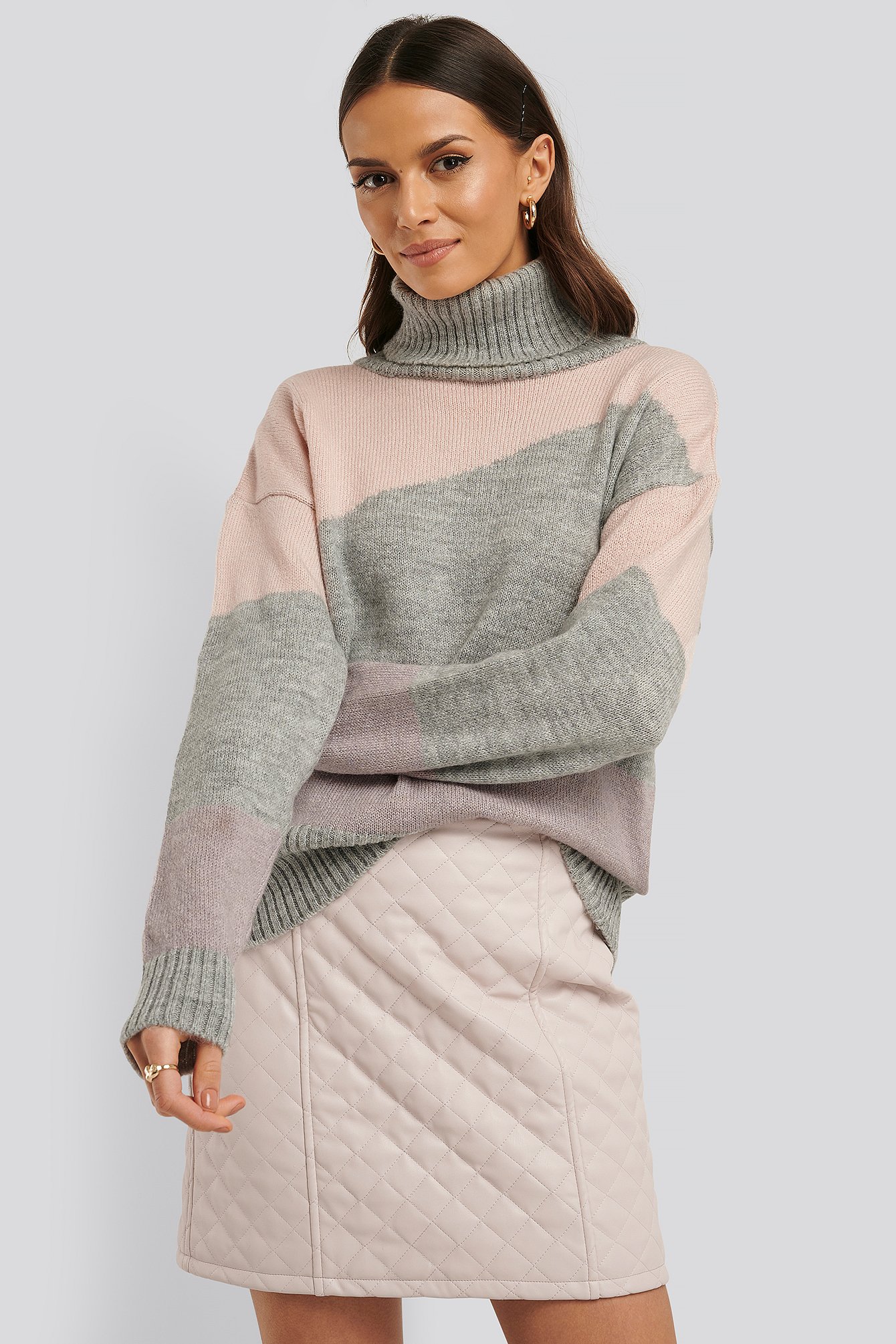 Grey Split Colour Chunky Polo Sweater