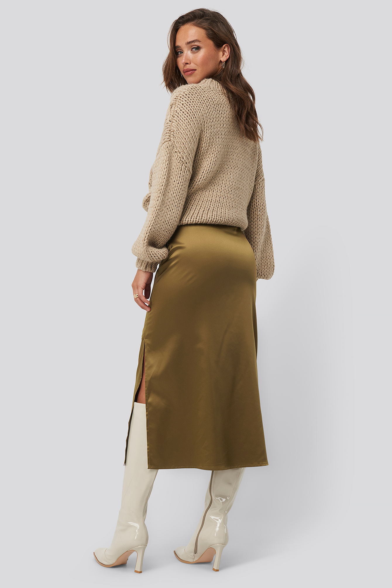 Split Seam Satin Midi Skirt Brown