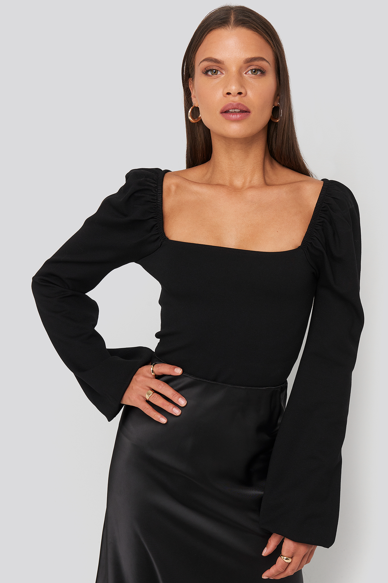 Square Neck Balloon Sleeve Top Black