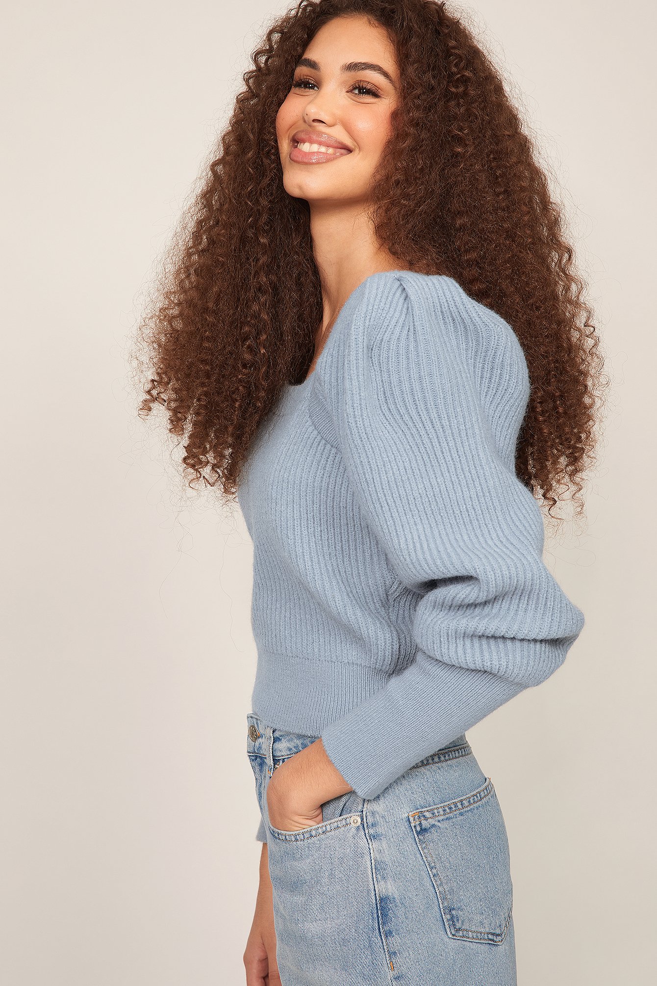 Dusty Blue Square Neck Cable Knitted Sweater