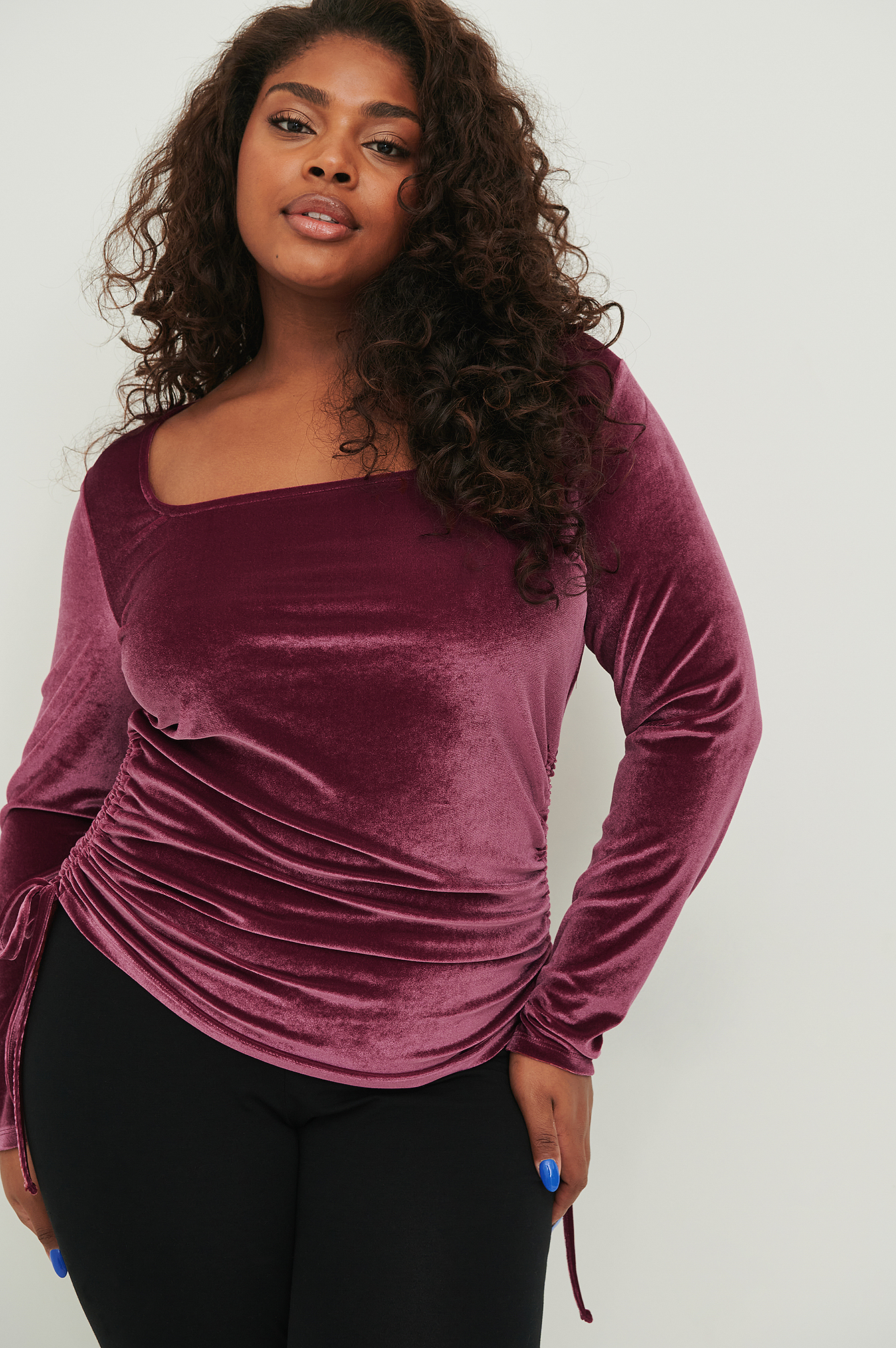 Neck Drawstring Square Neck Drawstring Velvet Top Pink | NA-KD