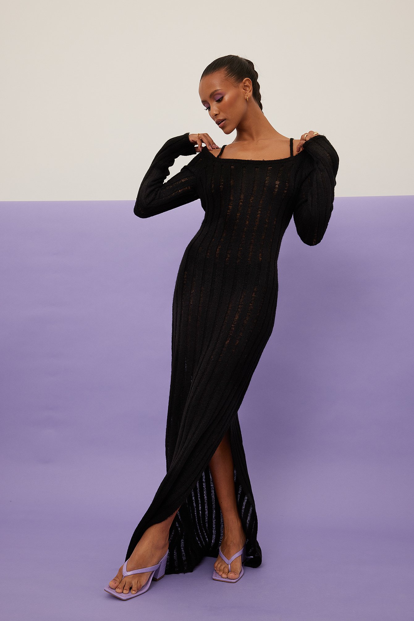 NA-KD Trend Square Neck Knitted Maxi Dress - Black