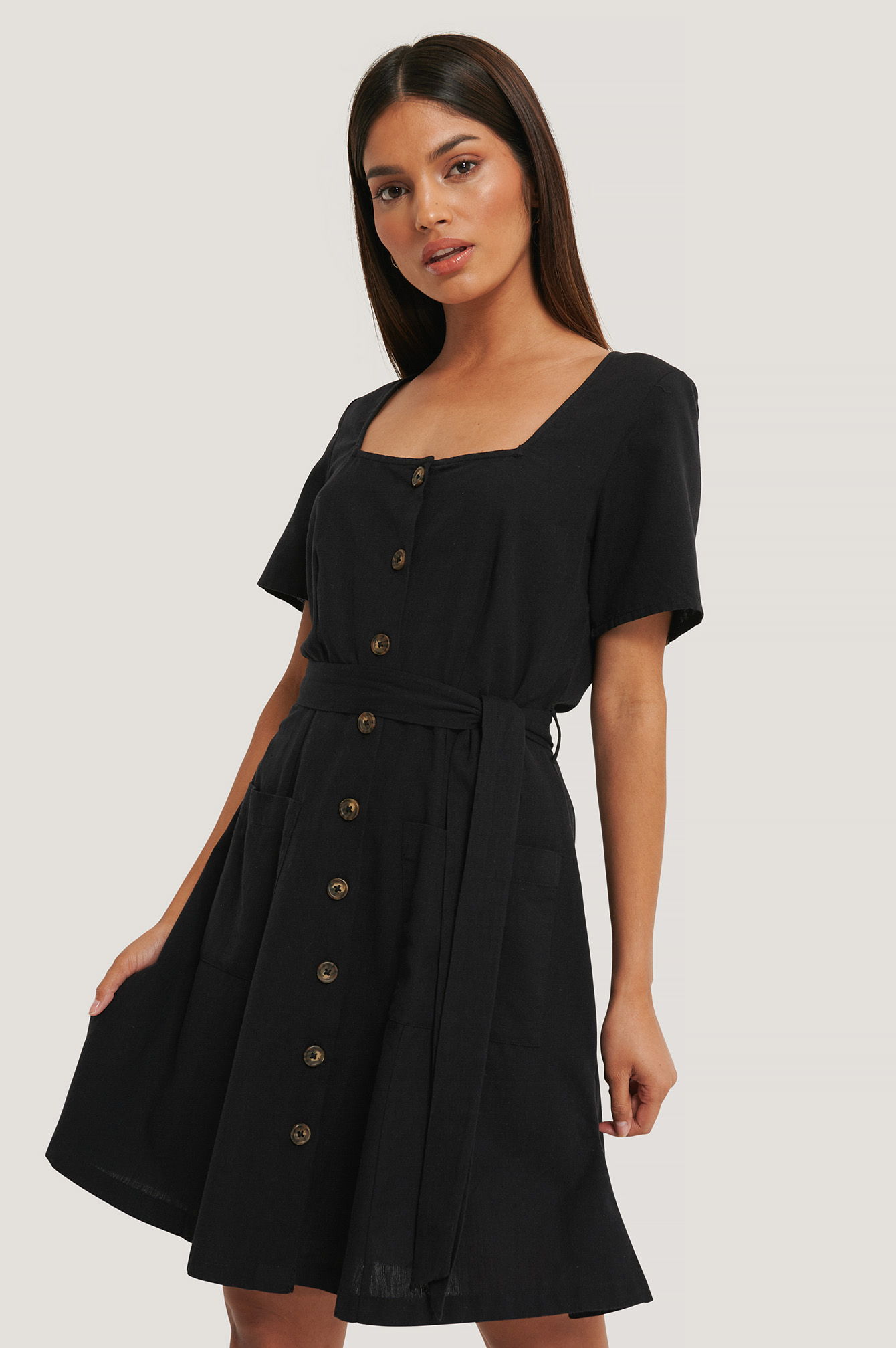 Square Neck Linen Look Dress Black
