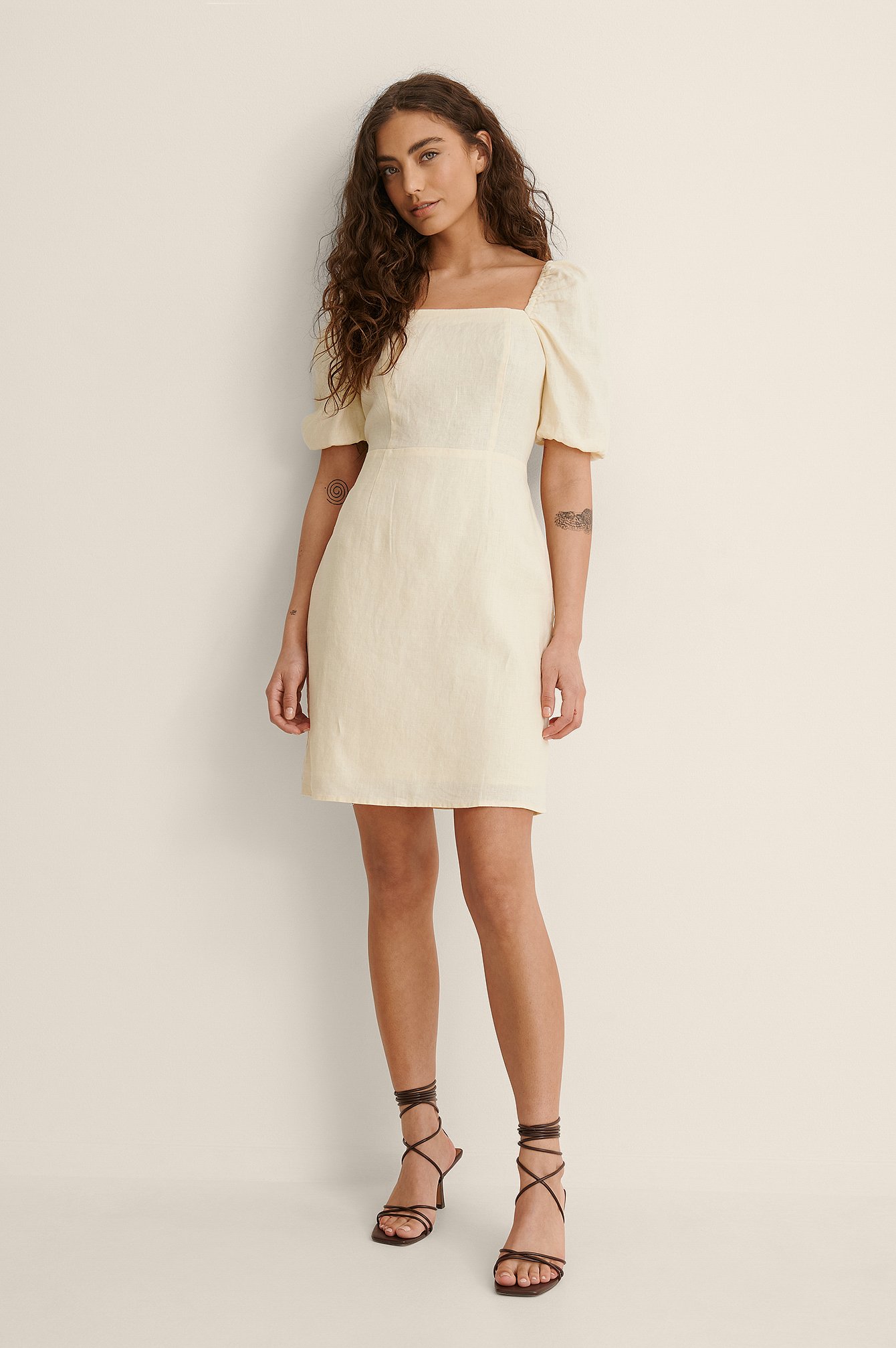 Cream Square Neck Mini Linen Dress