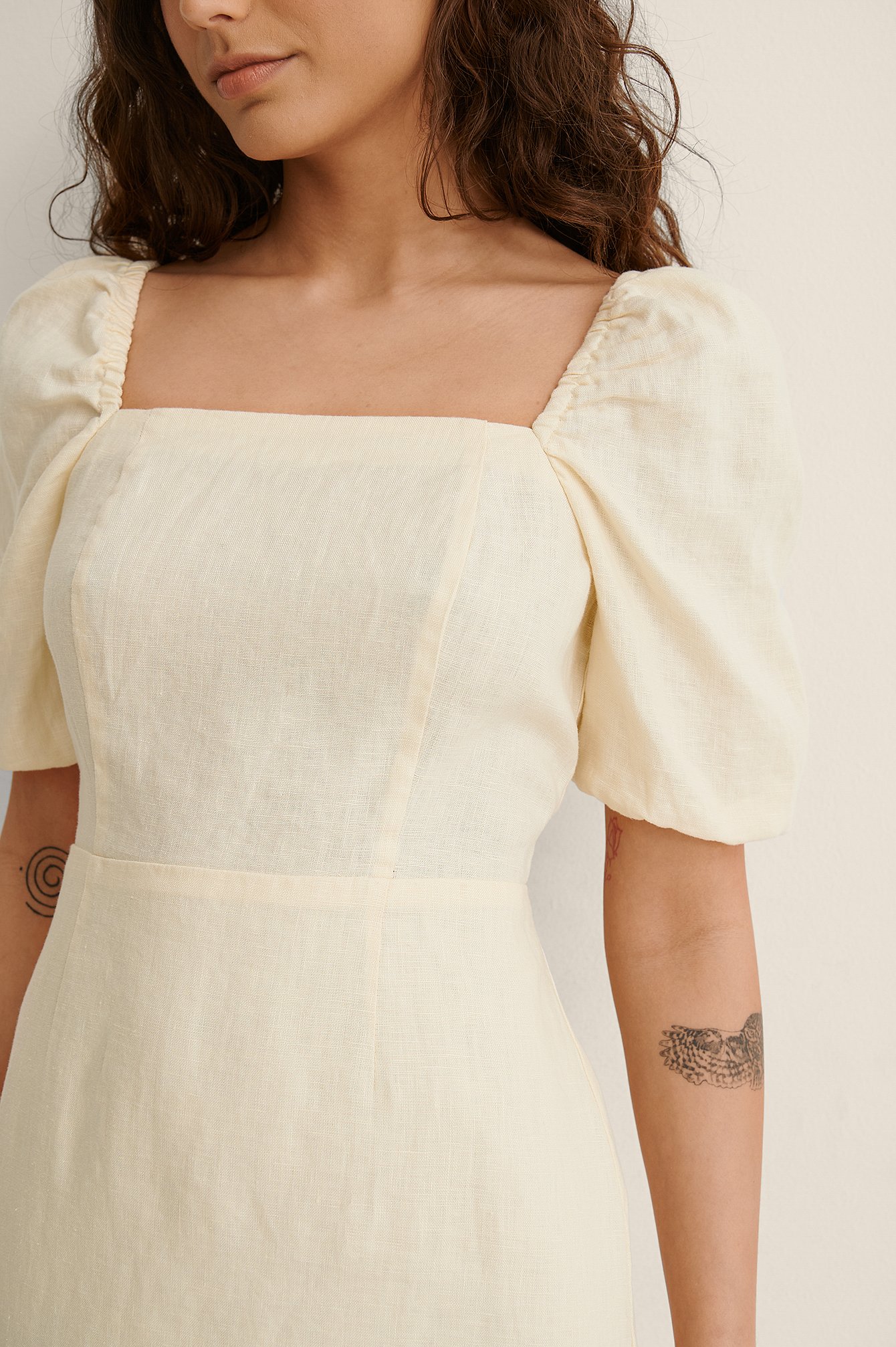 Cream Square Neck Mini Linen Dress