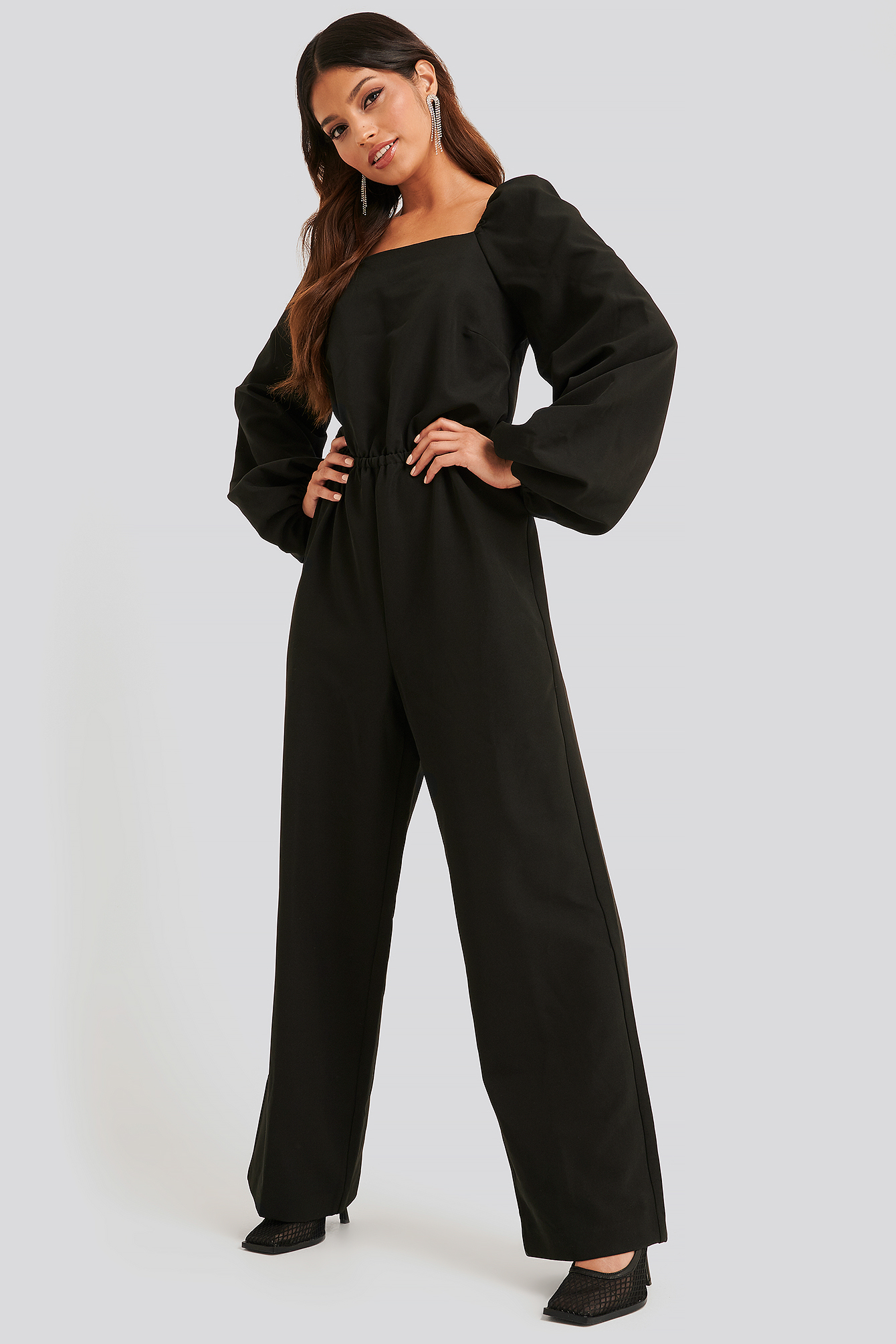 Square Neck Open Back Jumpsuit Schwarz