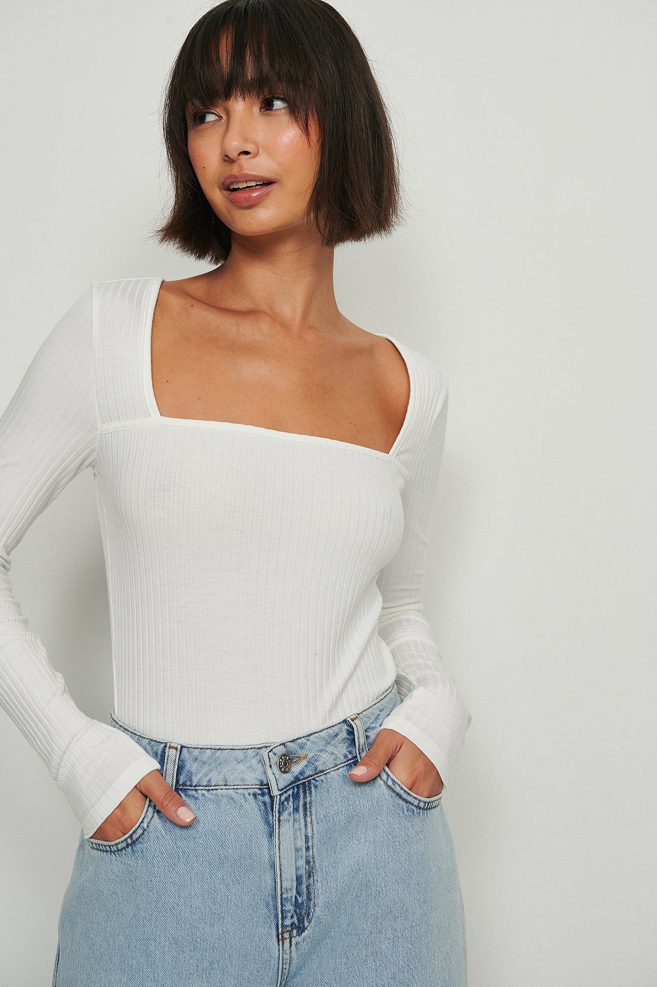 Offwhite Square Neck Rib Long Sleeve Top
