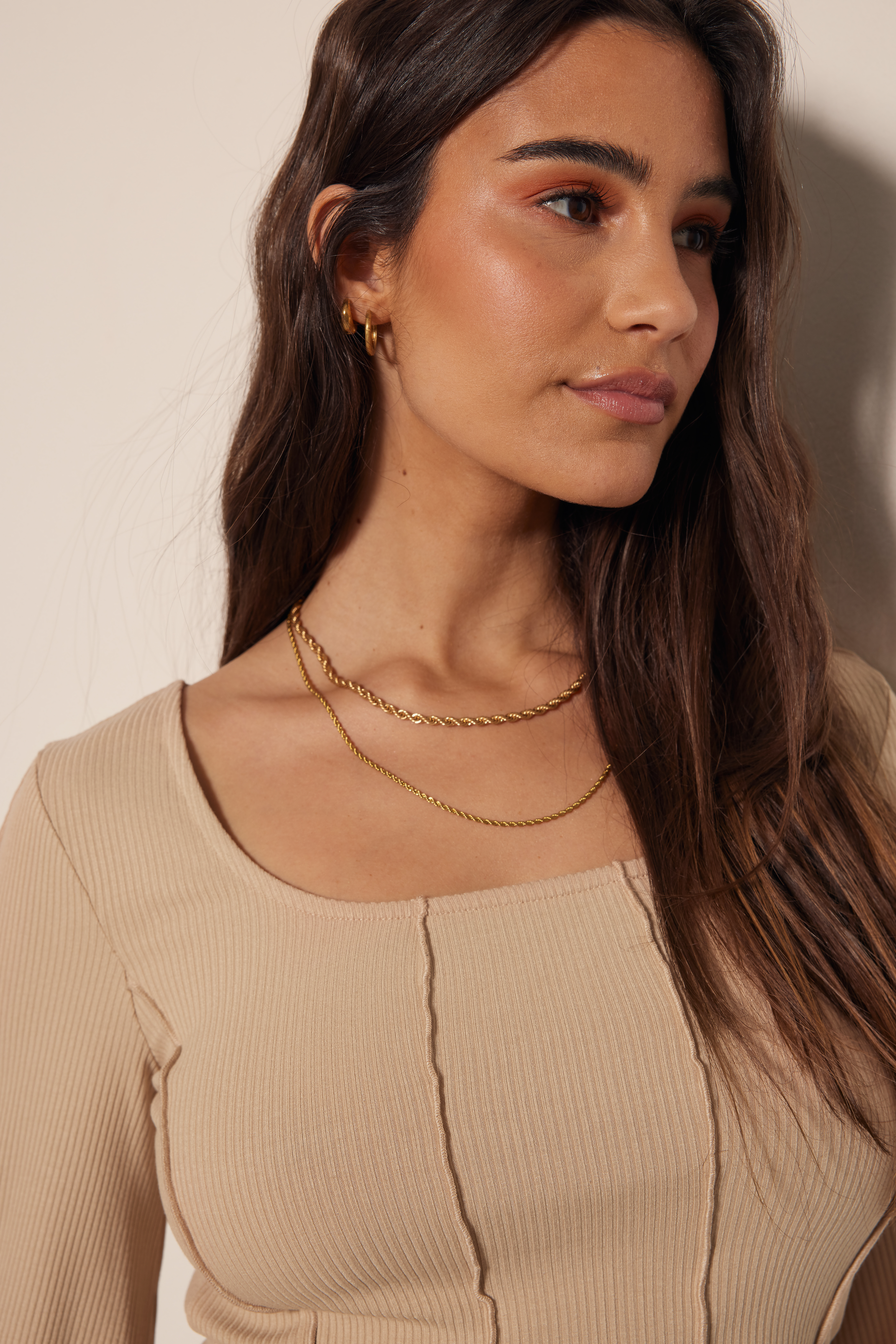 Square Neck Seam Detail Top Beige | na 