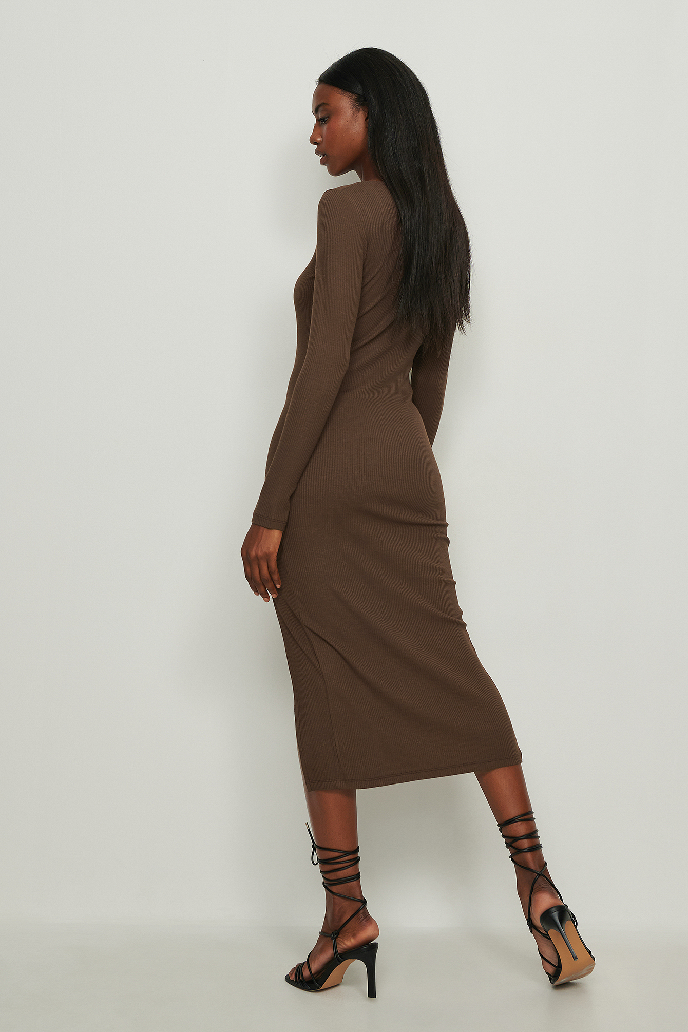 Square Neck Slit Rib Dress Brown | na 