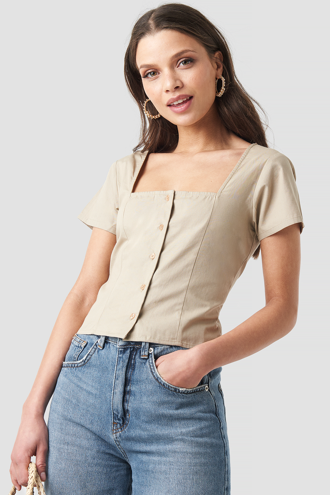 Square Neckline Buttoned Top Beige