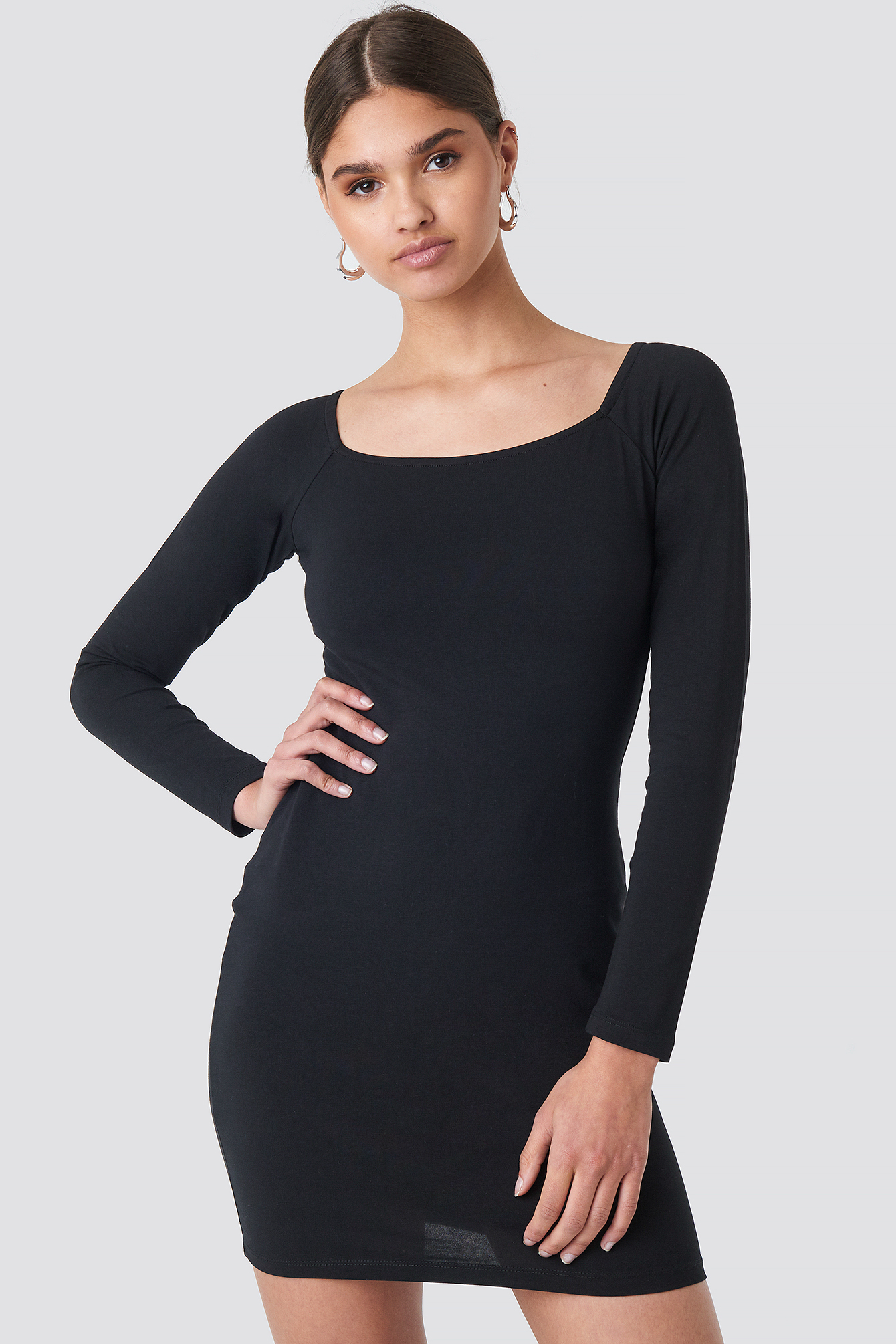 Square Neckline Fitted Dress Black