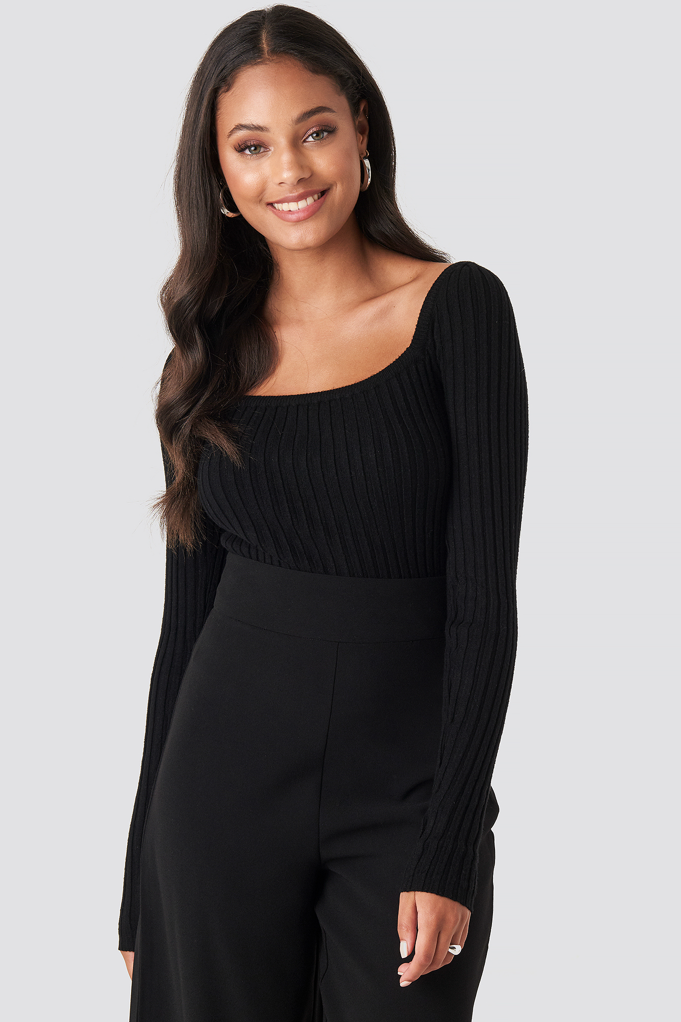 Square Neckline Ribbed Sweater Black