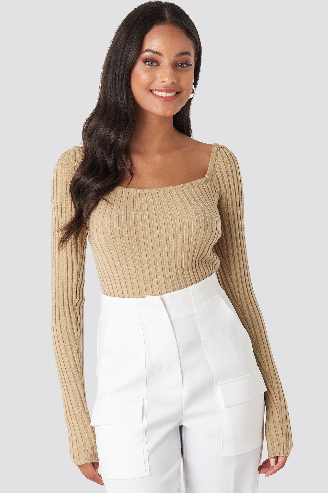 Square Neckline Ribbed Sweater Beige | NA-KD