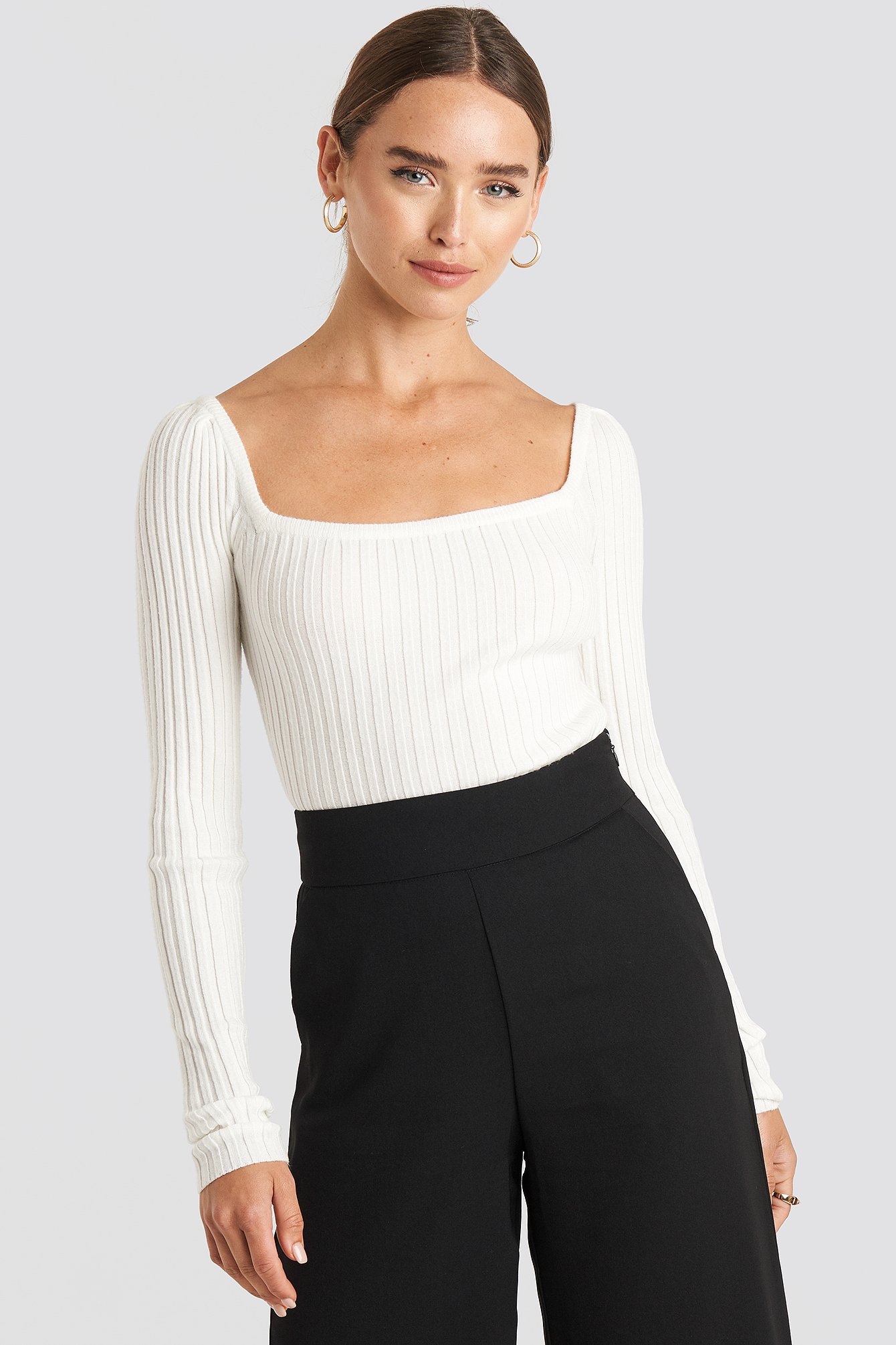 Square Neckline Ribbed Sweater White
