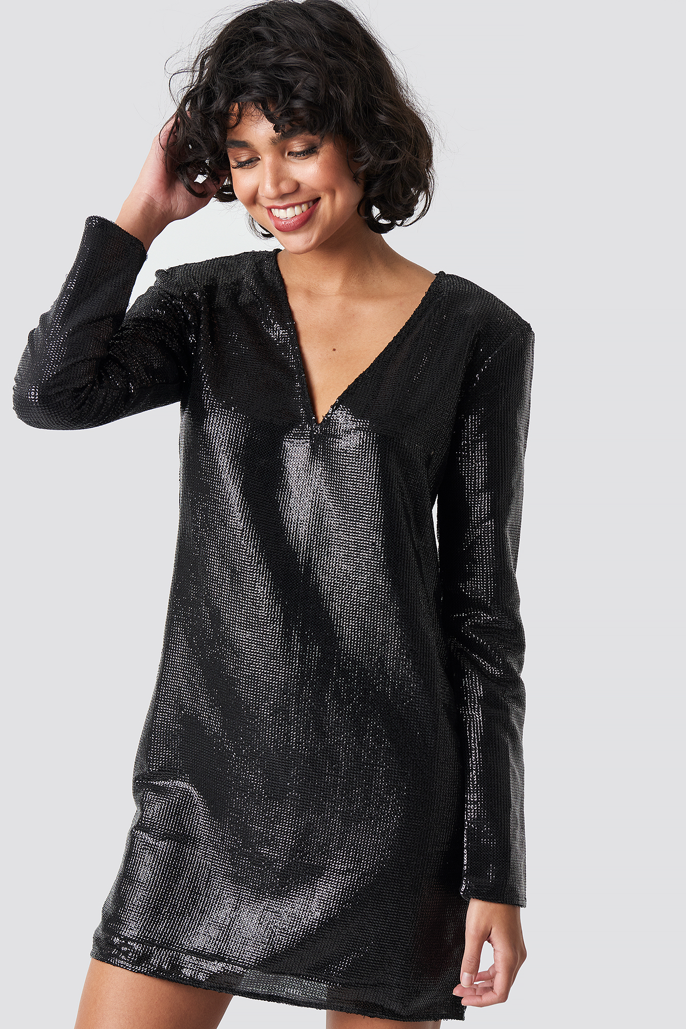 Square Shoulder Sequins Dress Black