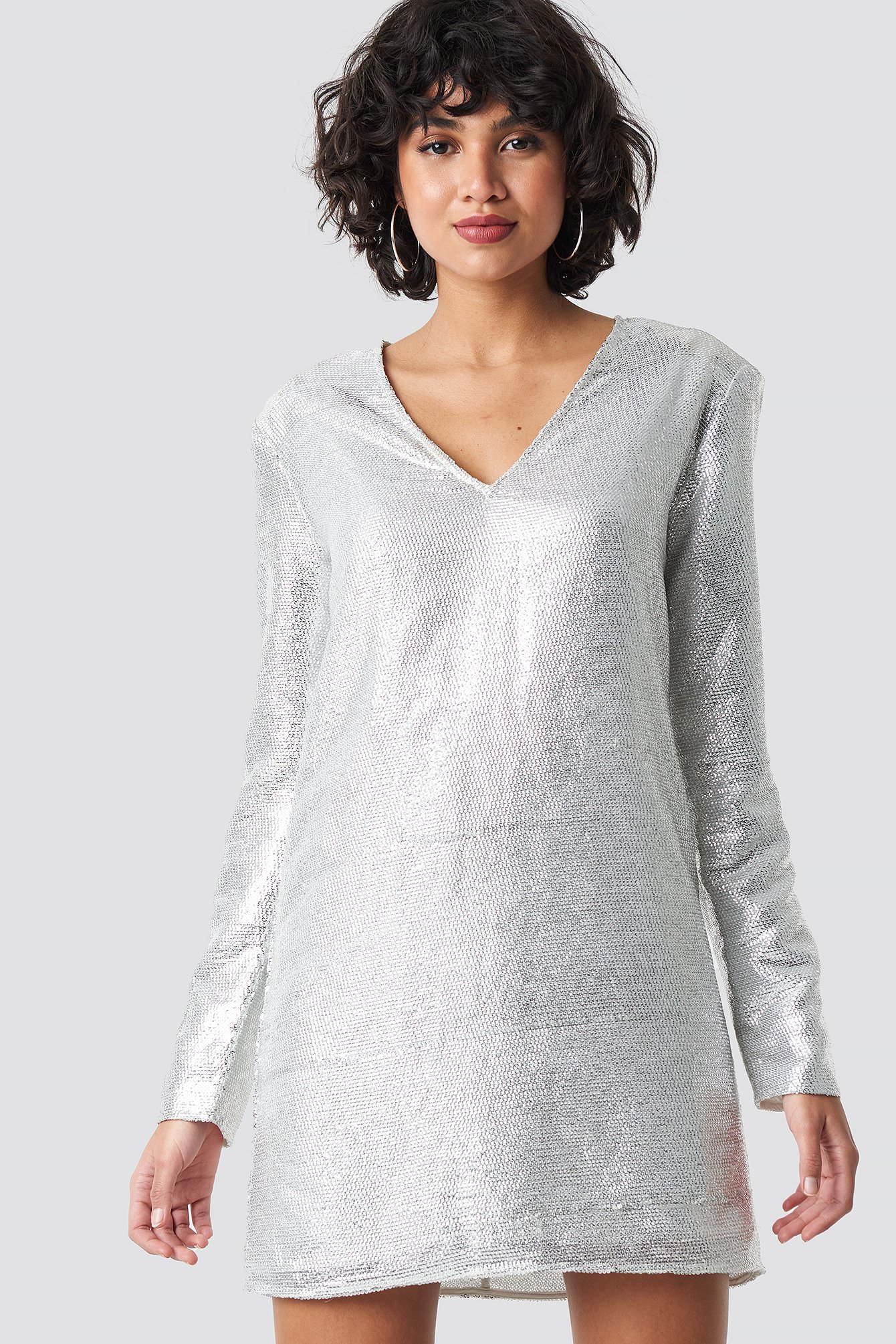 Square Shoulder Sequins Dress Silver | na-kd.com