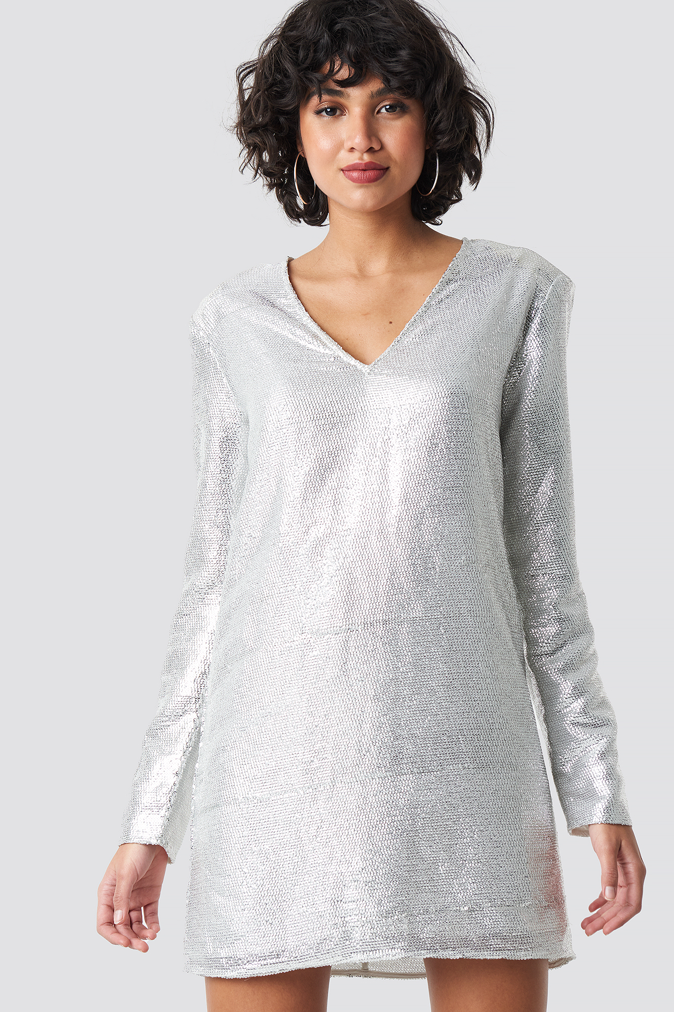 Square Shoulder Sequins Dress Silver