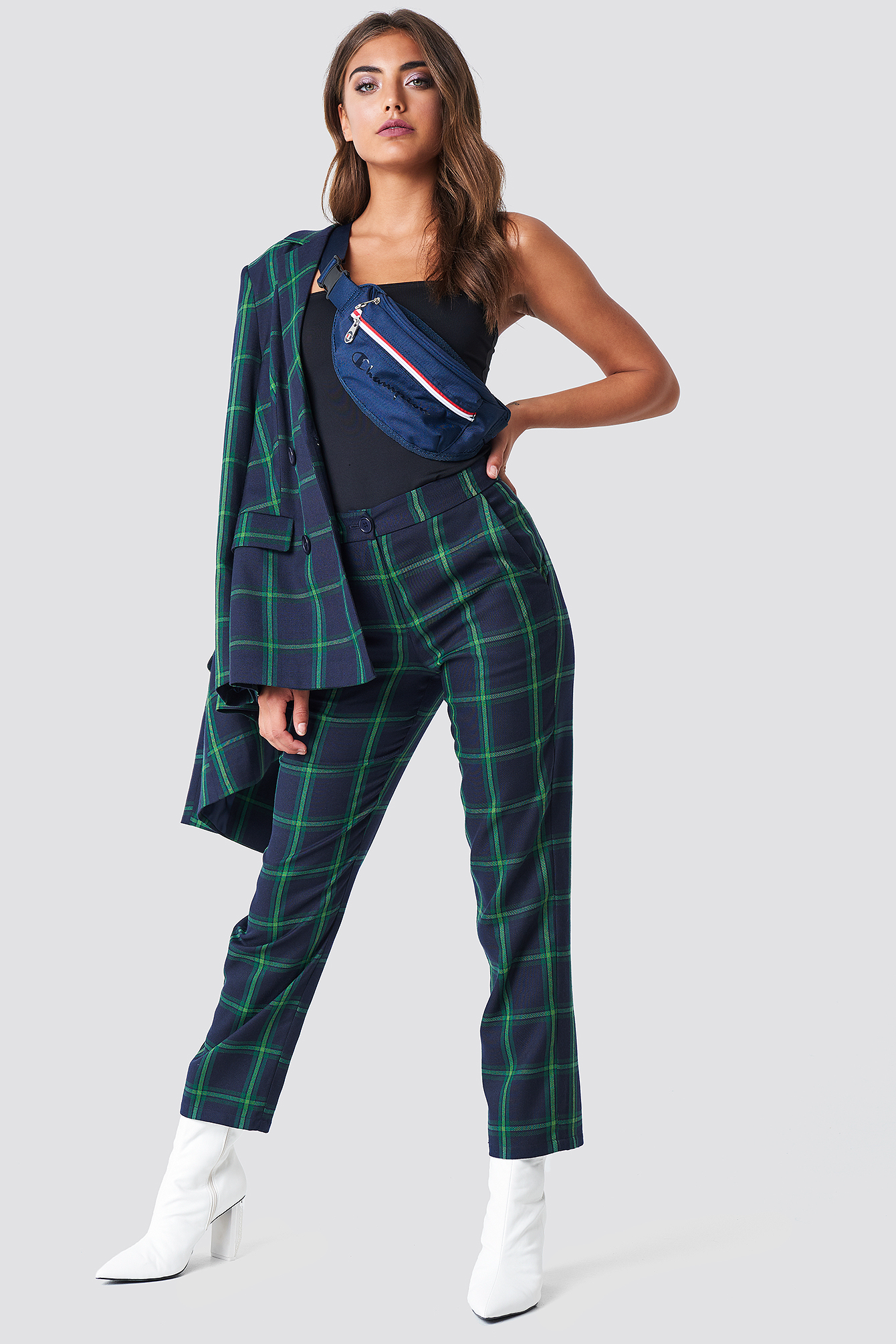 Straight Checkered Suit Pants Green Check