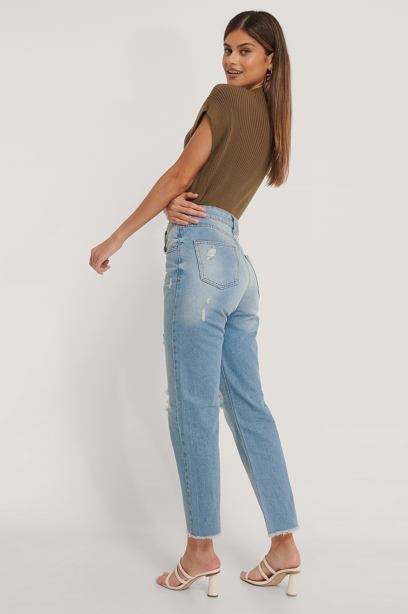 Light Blue Rechte Versleten Jeans Met Hoge Taille