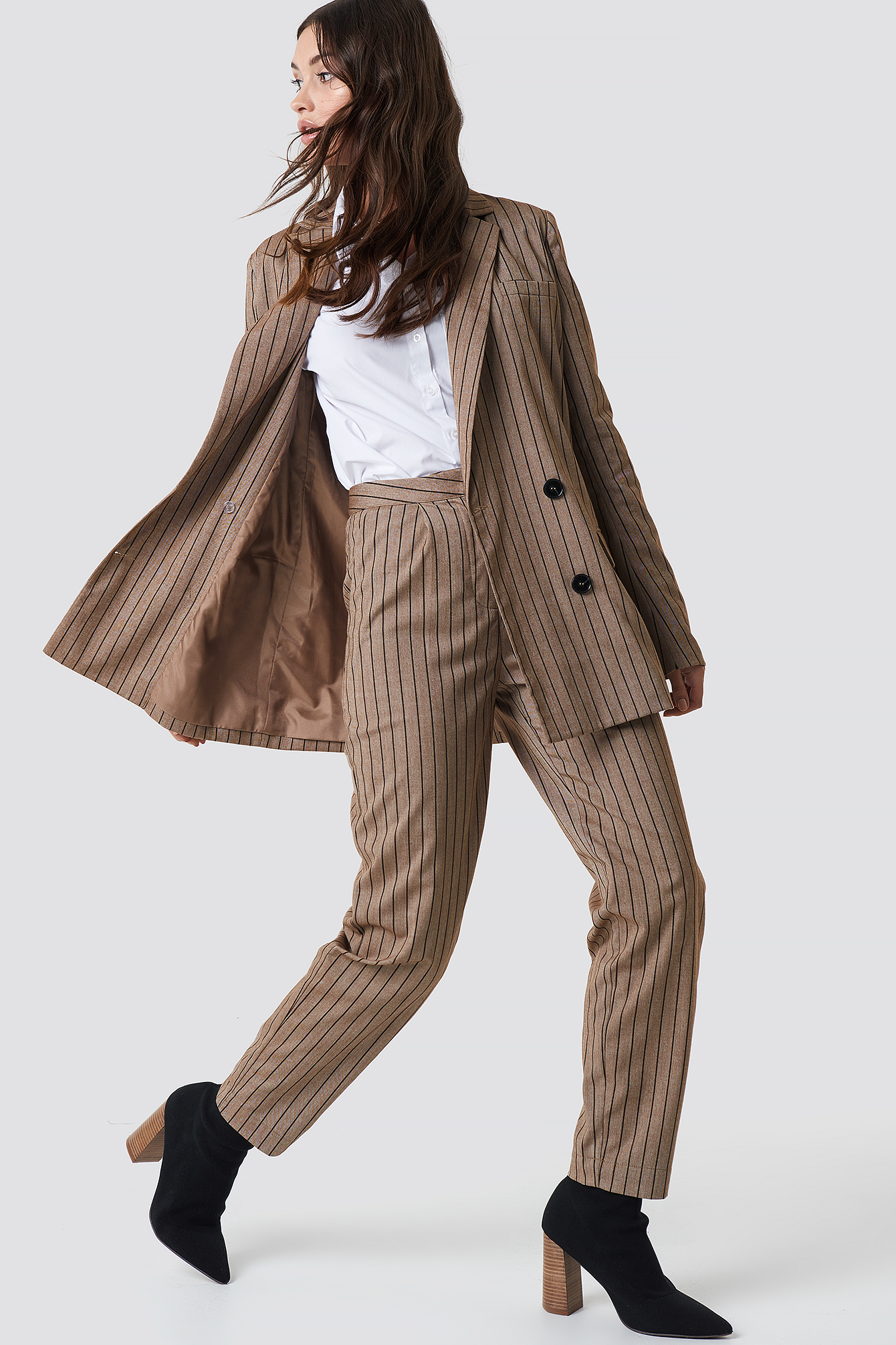 Straight Leg Striped Suit Pants Beige