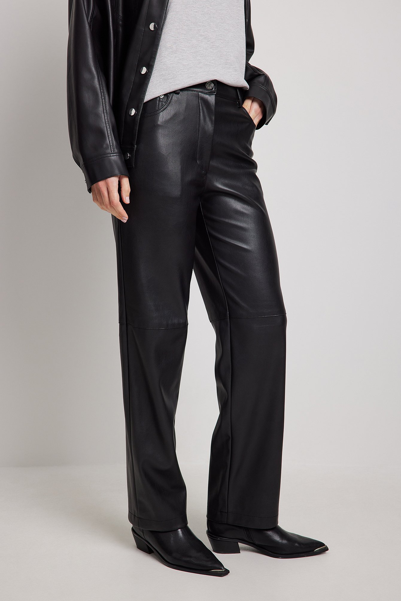 Daria Classic Straight Leg PU Leather Trousers in Black | ikrush