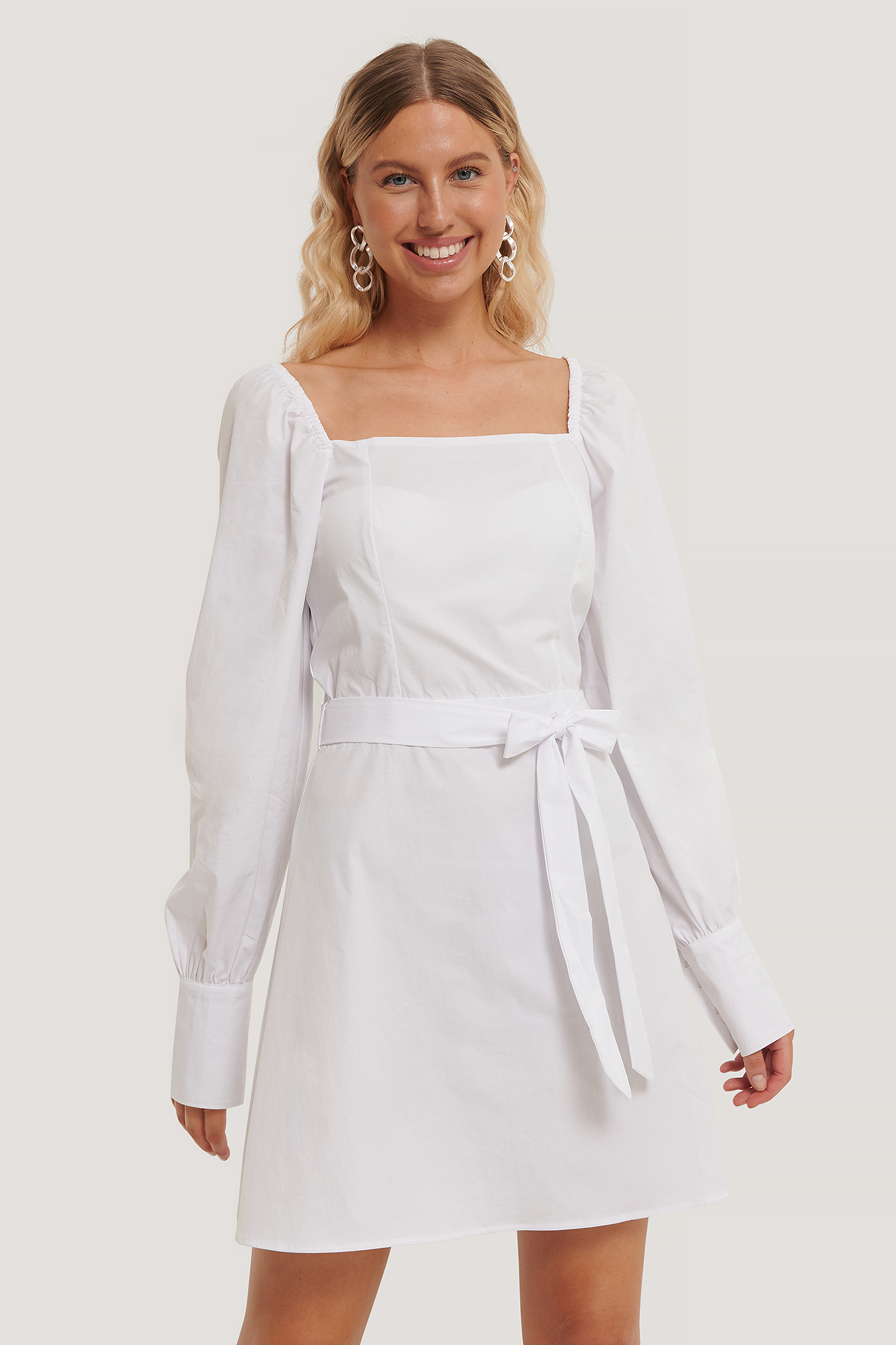 White NA-KD Boho Straight Shape Puffy Sleeve Dress