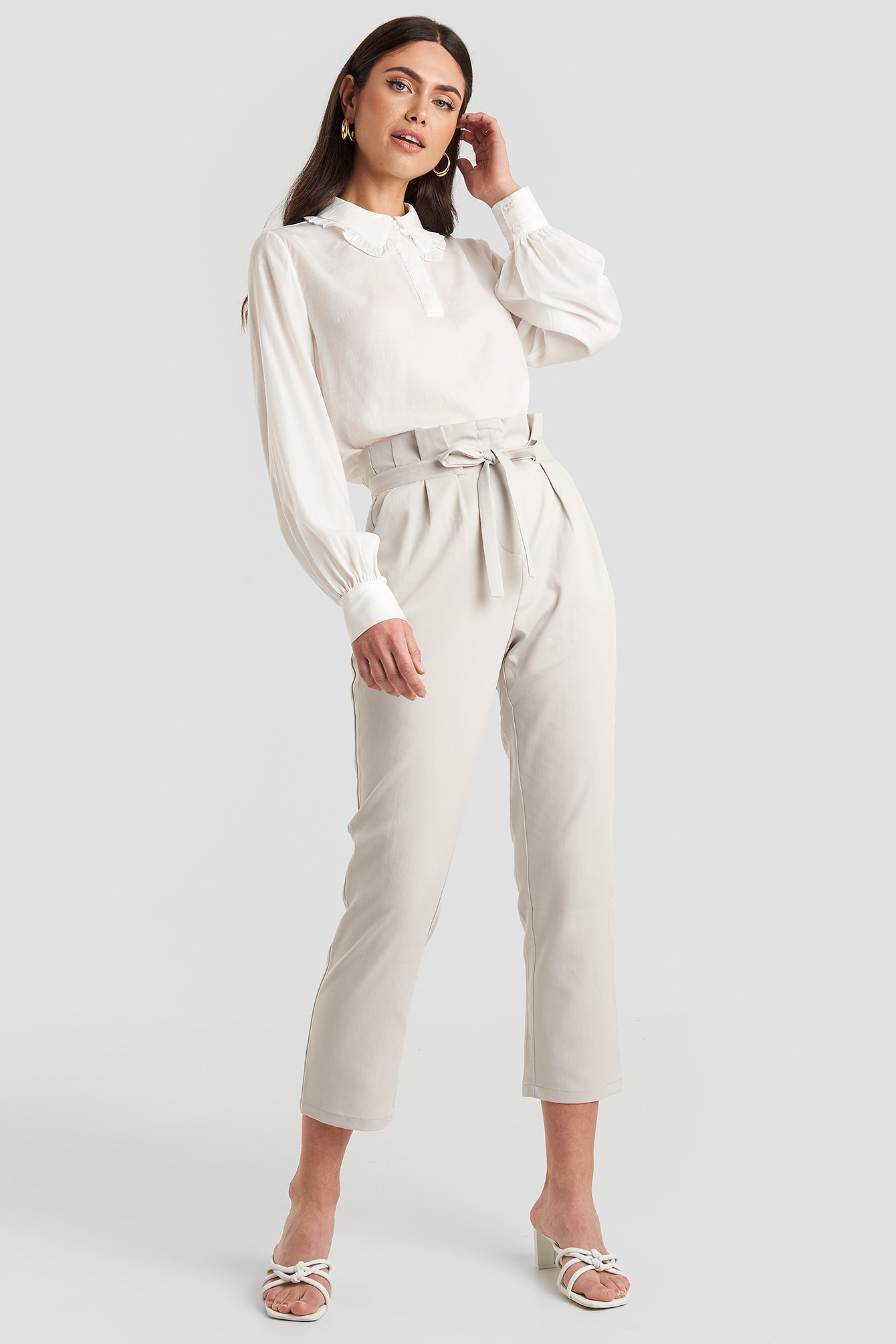 Straight Tied Waist Pants Light Grey
