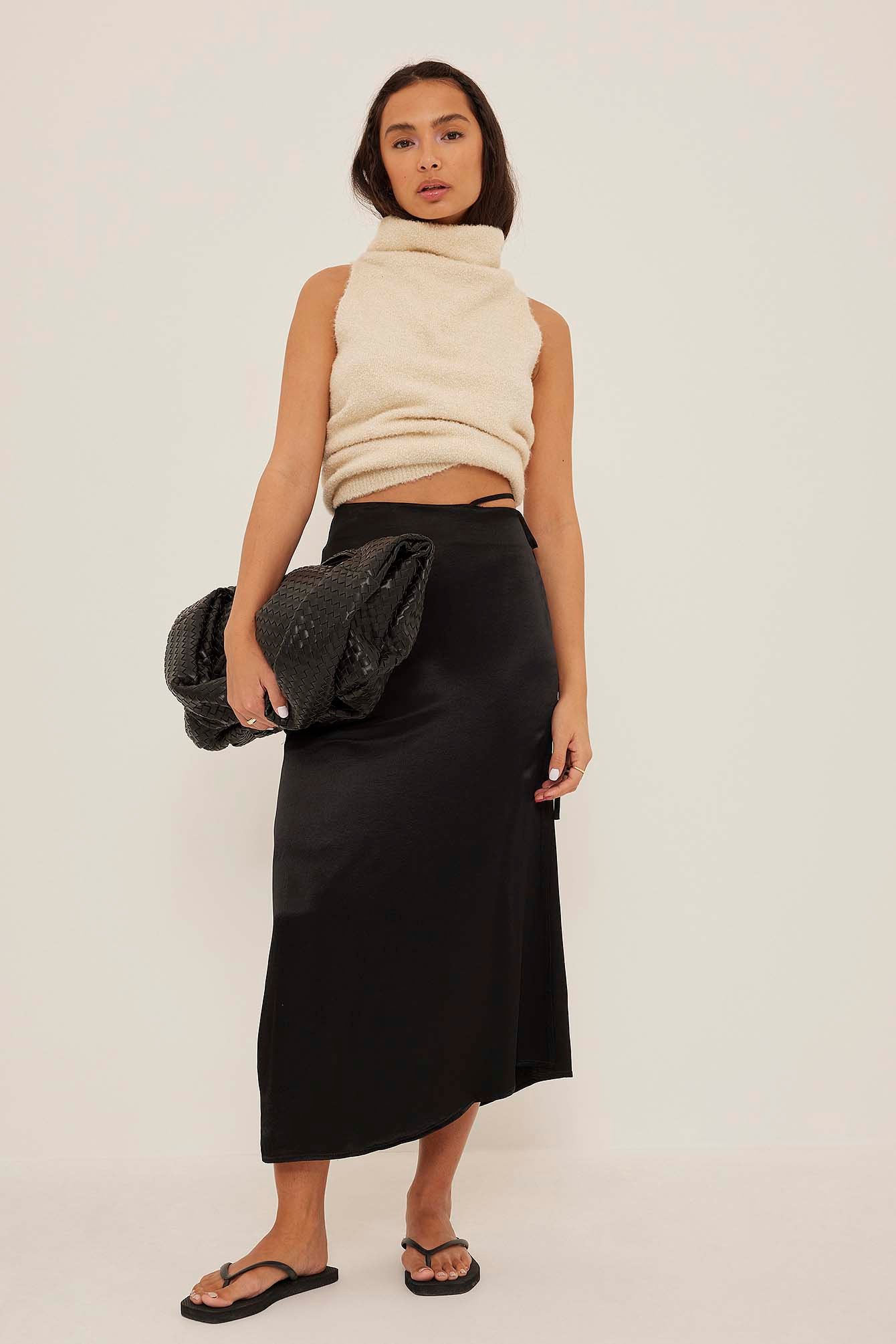 Black Strap Detailed Midi Satin Skirt